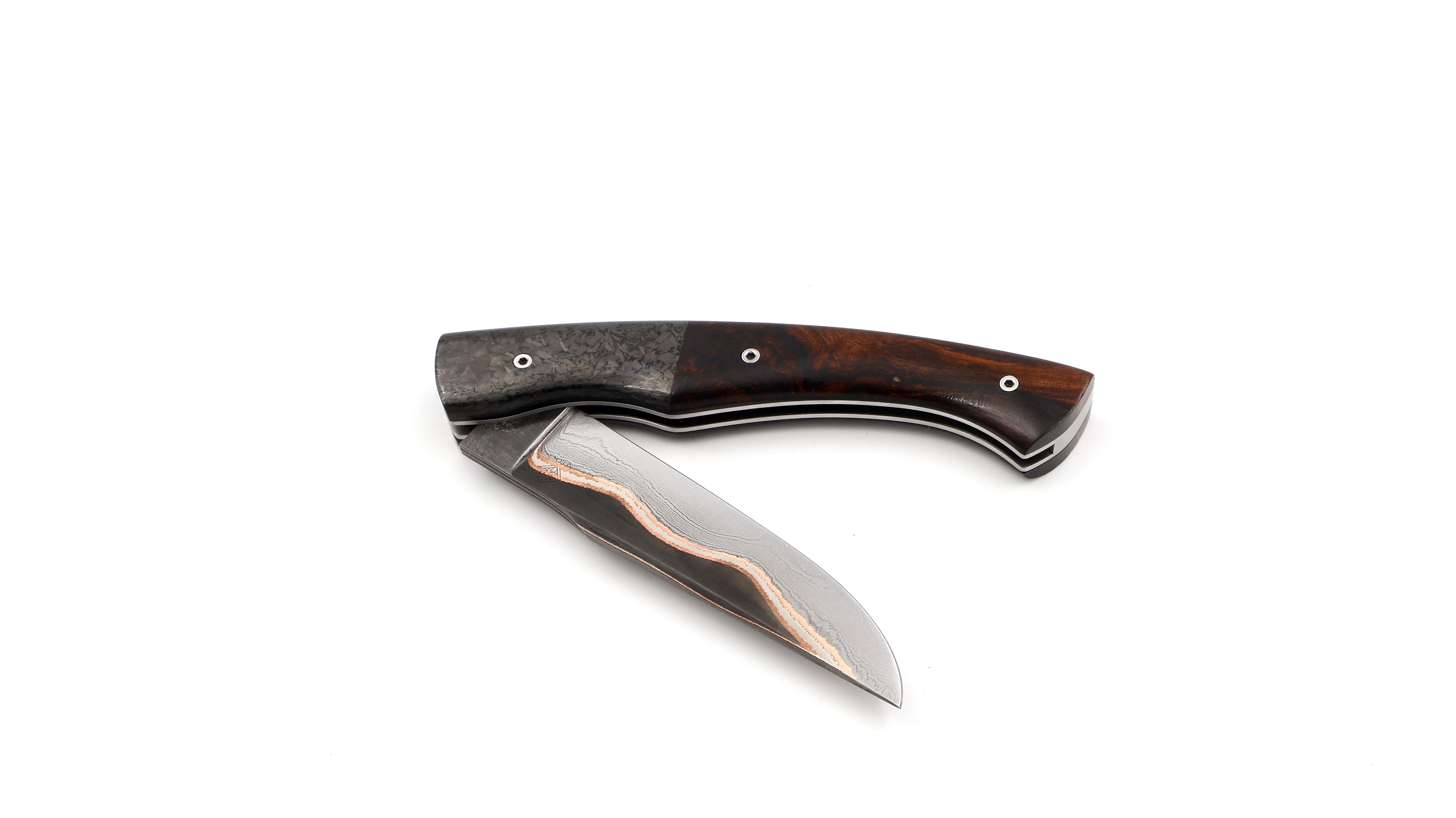 KLEOS Taschenmesser LYKOS Karbon/Wüsteneisen Wurzelholz Baker Forge Volcanic River Damastklinge 