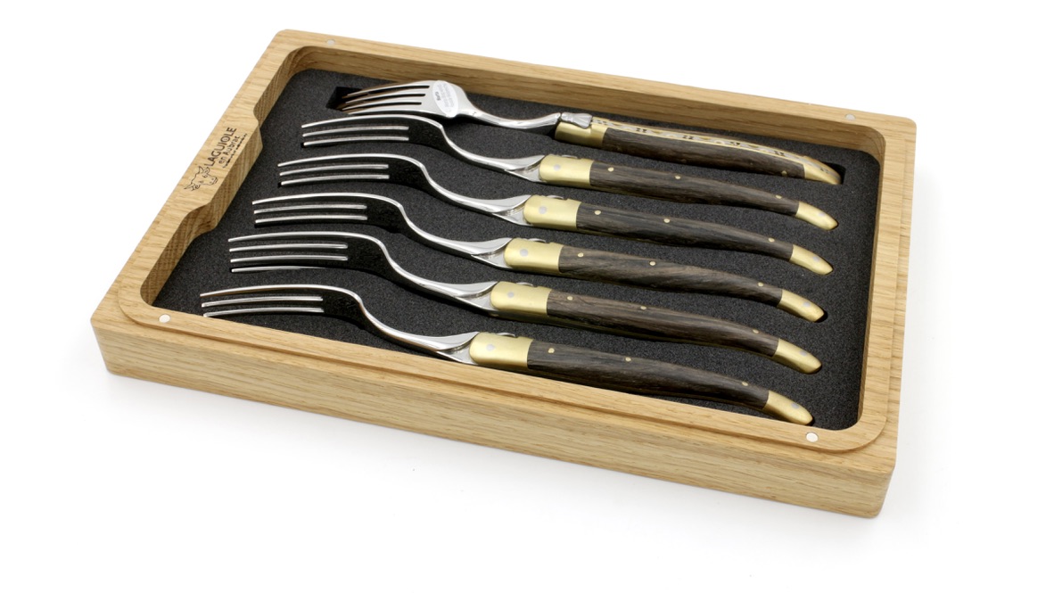 Laguiole en Aubrac fossile Mooreiche Messing Laguiole Steakgabel Set