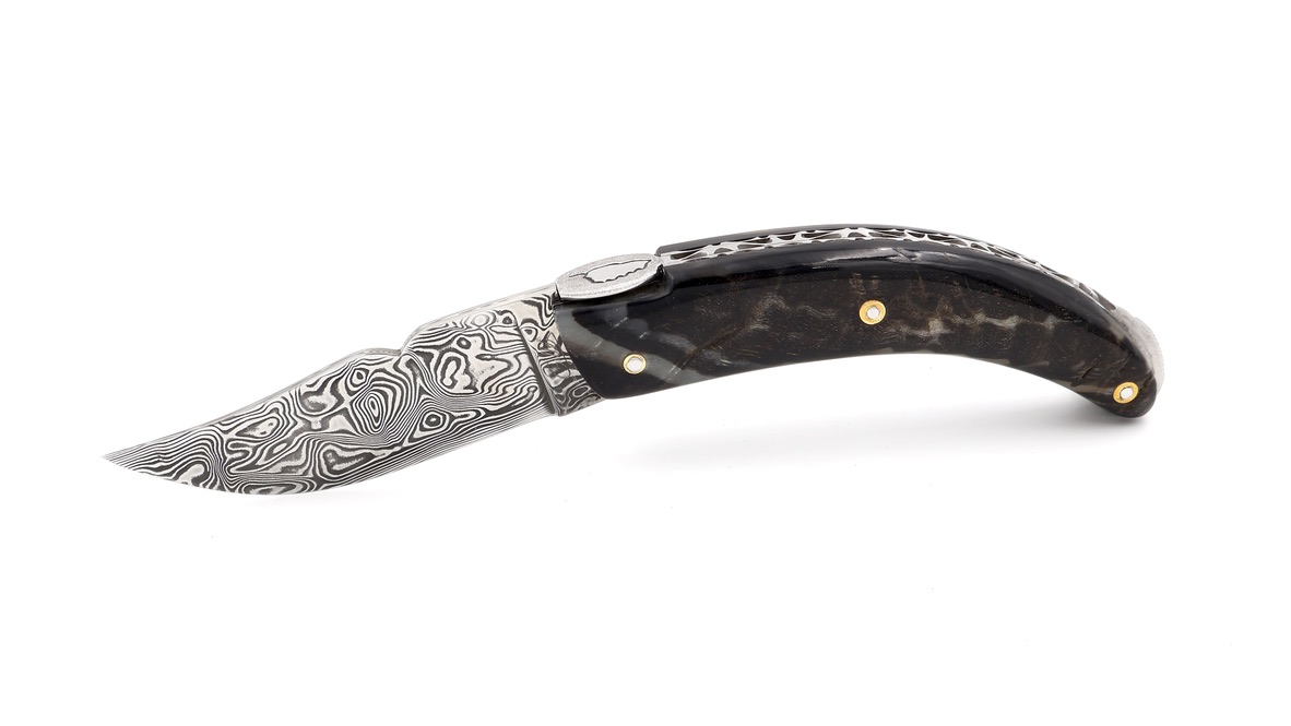 Fontenille Pataud RONDINARA guillochiert Widderhorn massiv Damastklinge