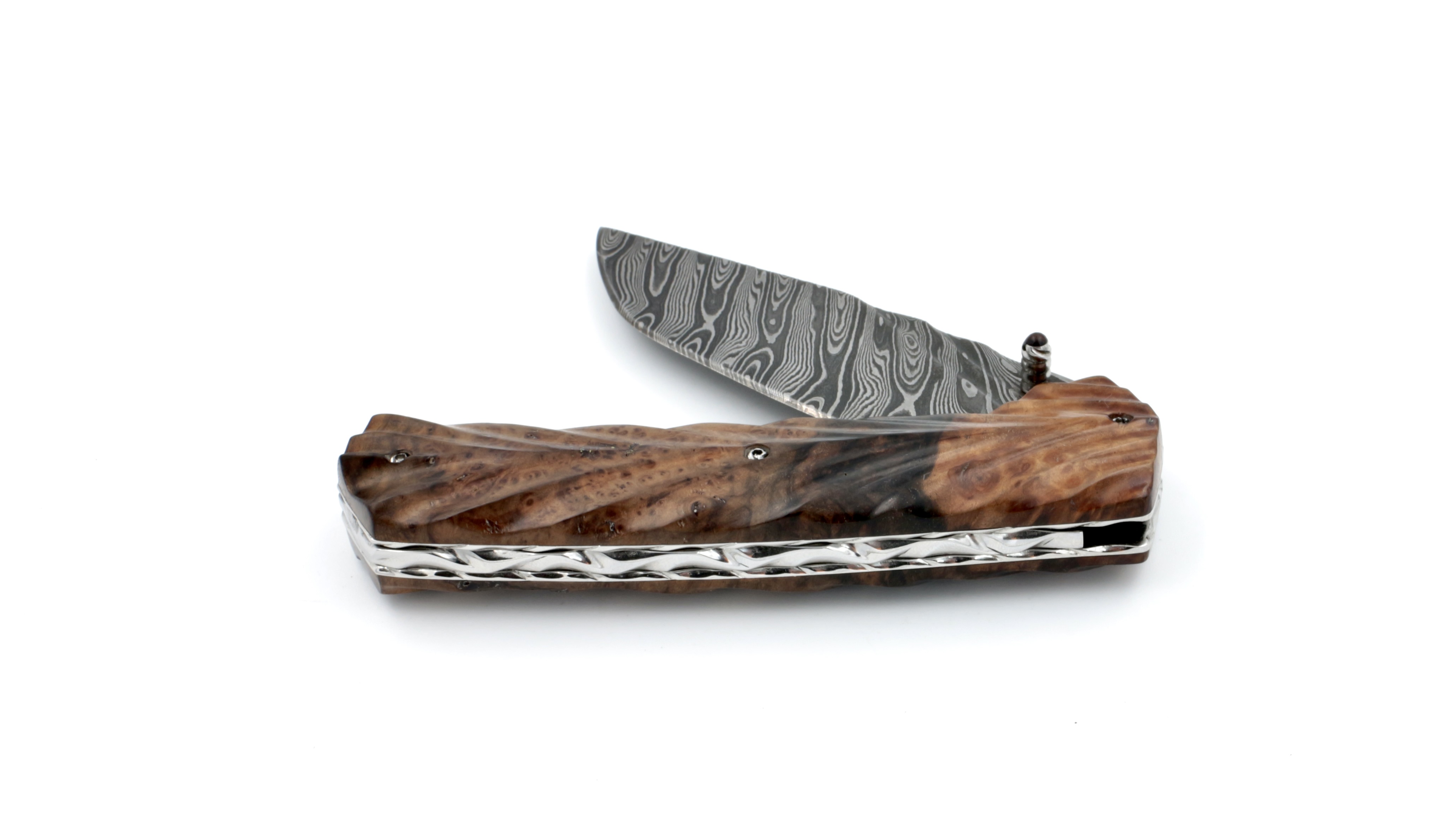 Oliver Moretti linerlock knife damascus blade walnut burlwood