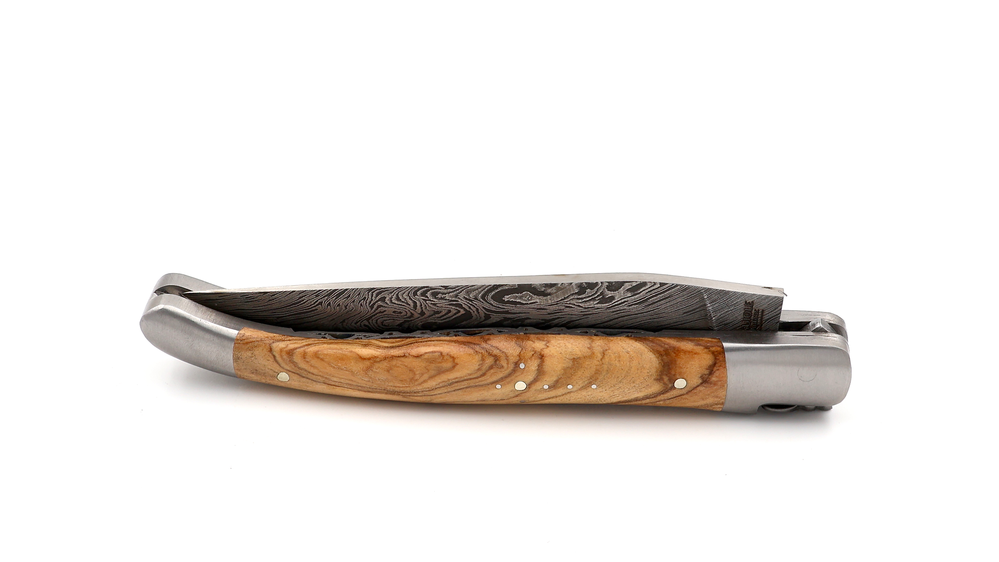 Laguiole en Aubrac double plate knife explosiondamascus olive wood 12 cm