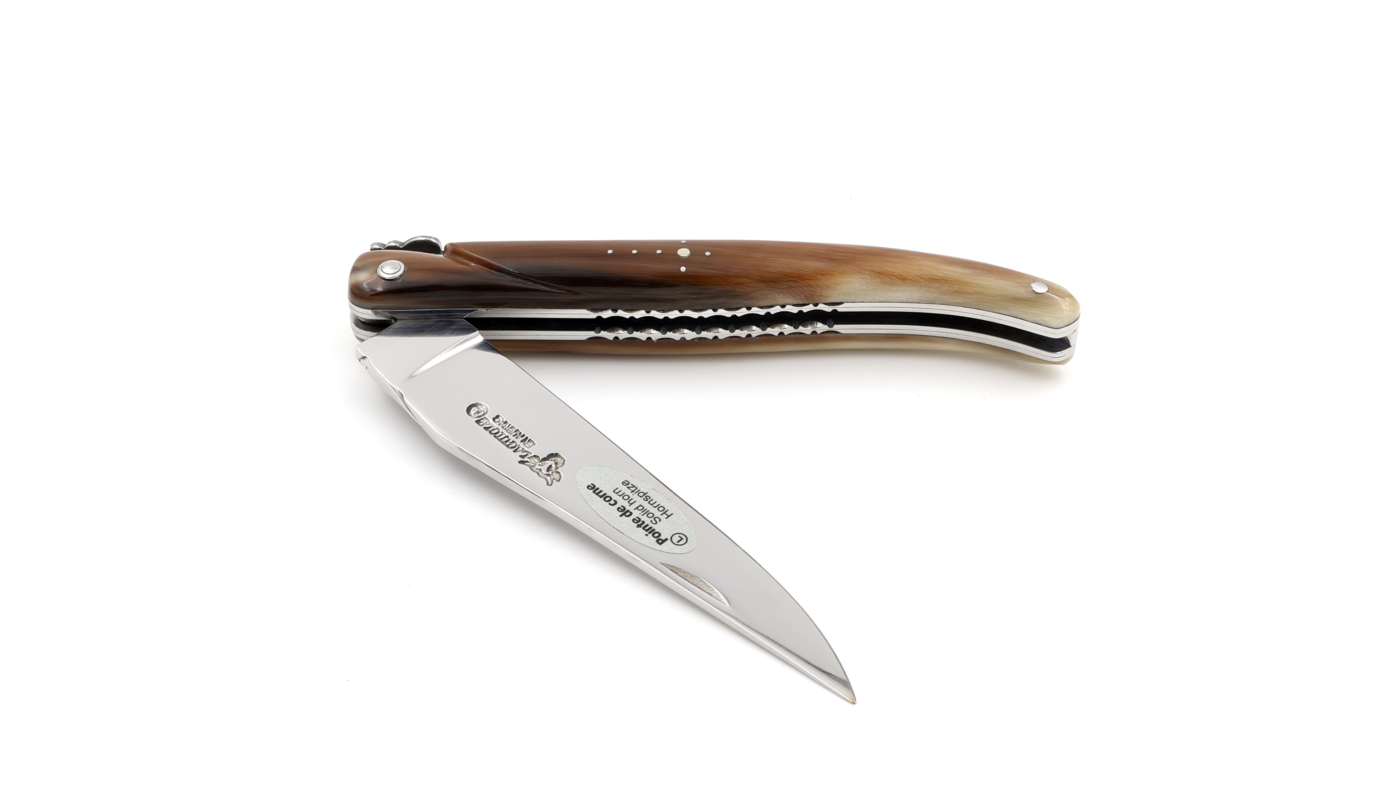 Laguiole en Aubrac double plates knife Spiral spring full handle Horn tip 12 cm