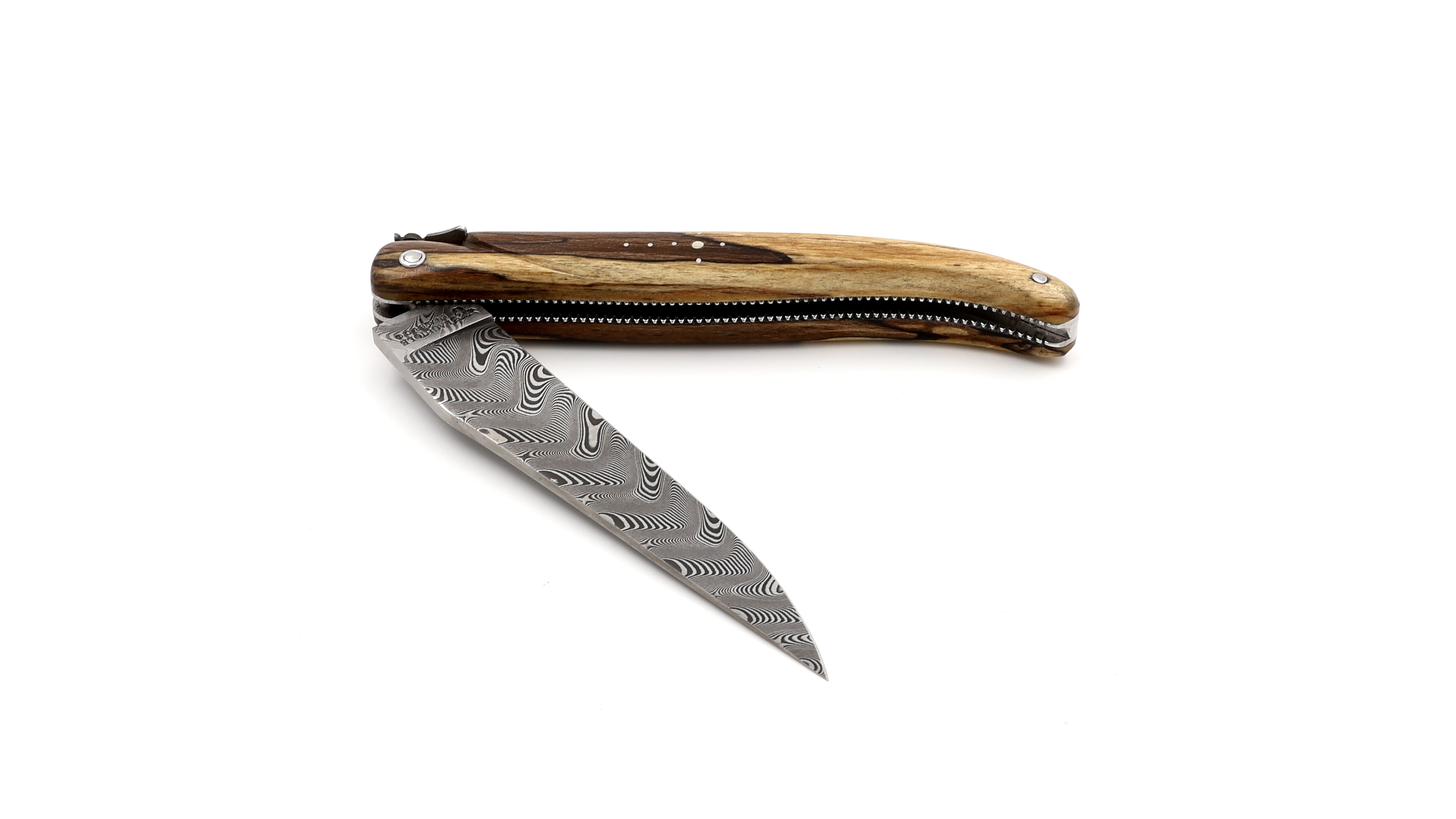 Laguiole en Aubrac Modell Perle DSC® Carbon Damast Aubrac Holz guillochiert massiver Griff 12 cm