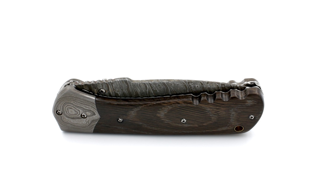 Olivier Moretti  Linerlock Taschenmesser Mooreiche Damastklinge  Olivier Moretti  Linerlock Taschenmesser Mooreiche Damastklinge