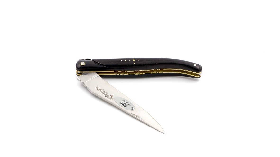 Laguiole en Aubrac Ebenholz guillochiert massiver Griff Messingplatine 12 cm matt