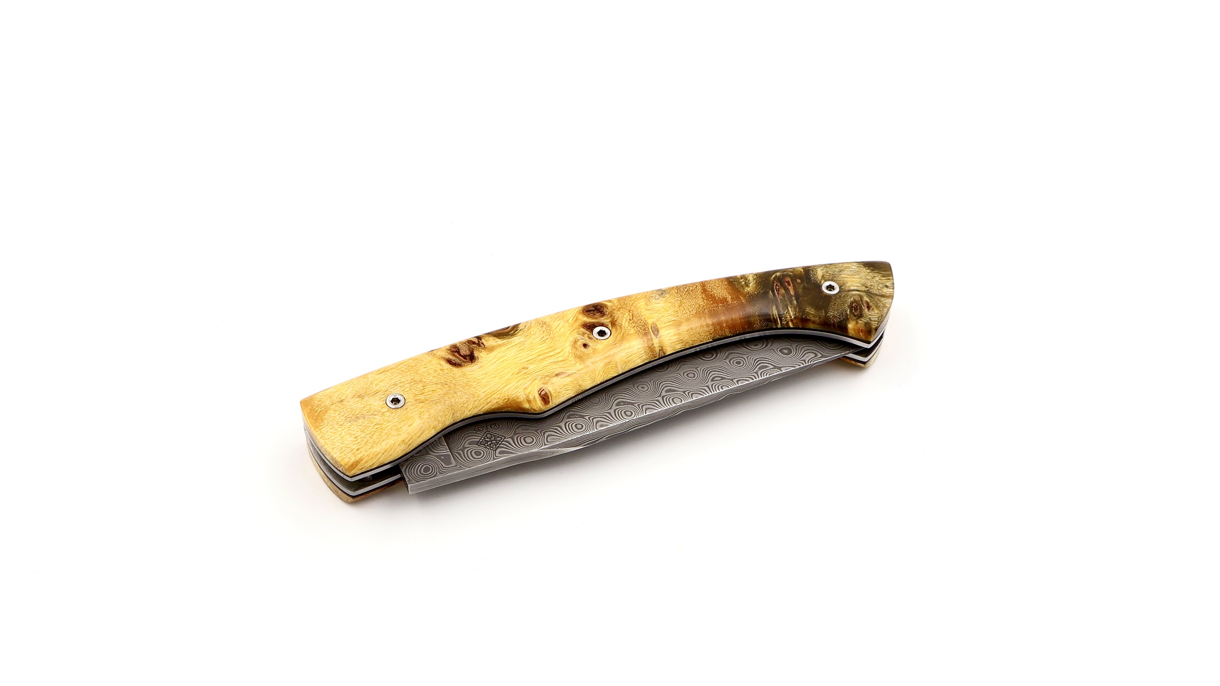 KLEOS folding knife LYKOS burl of polplar wood damascus blade