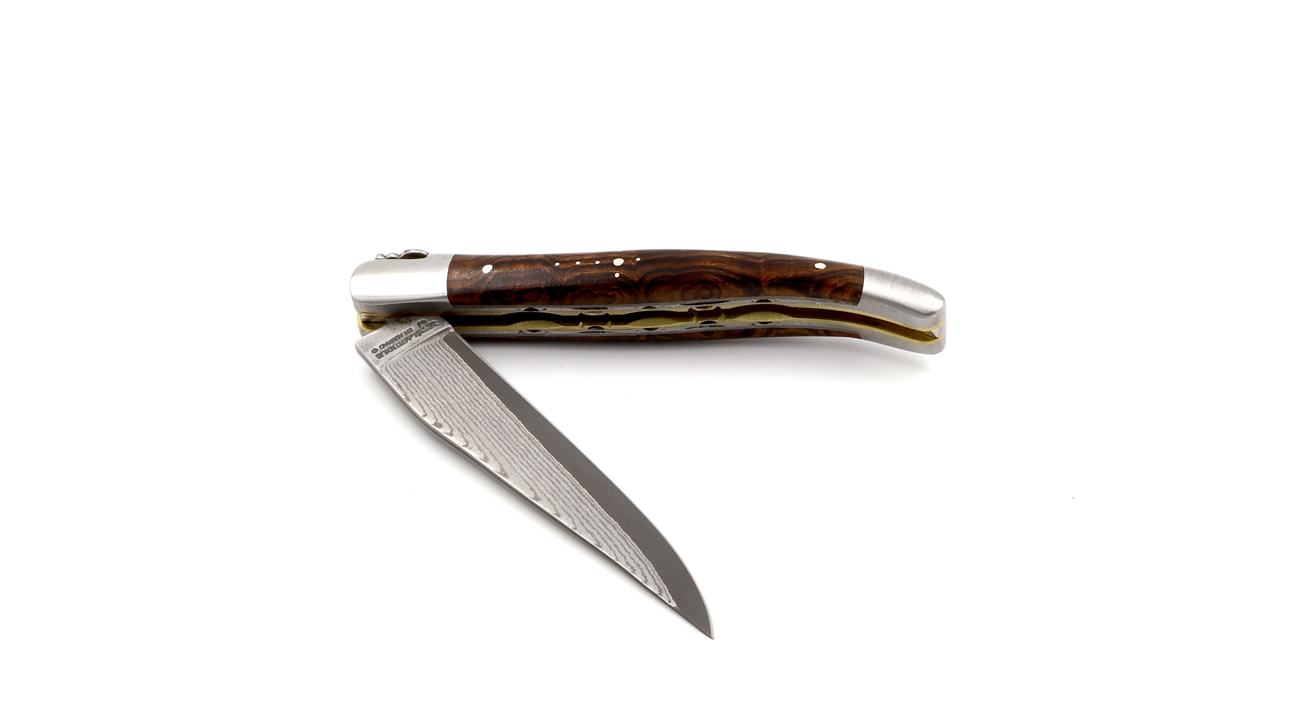 Laguiole en Aubrac jap. Damastklinge Wüsteneisenholz Wurzel Messing Doppelplatine 12 cm  Laguiole en Aubrac jap. Damastklinge Wüsteneisenholz Wurzel Messing Doppelplatine 12 cm