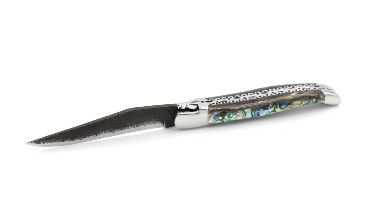 Durand-Abalone-DP-BdF-4 Honoré Durand Laguiole Doppelplatine handgehämmerte Klinge Brut de Forge Abalone 12 cm