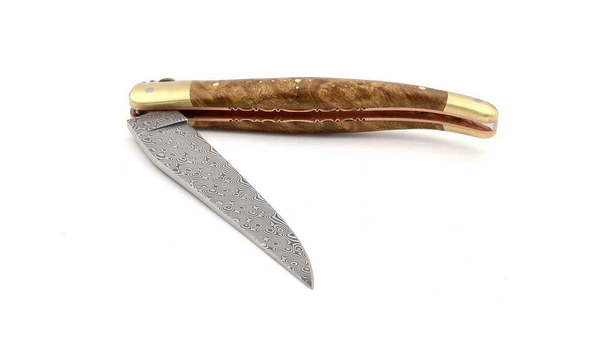 Laguiole en Aubrac BIJOU DSC® Rosendamast Amboina Wurzelholz guillochierte Platine 12 cm