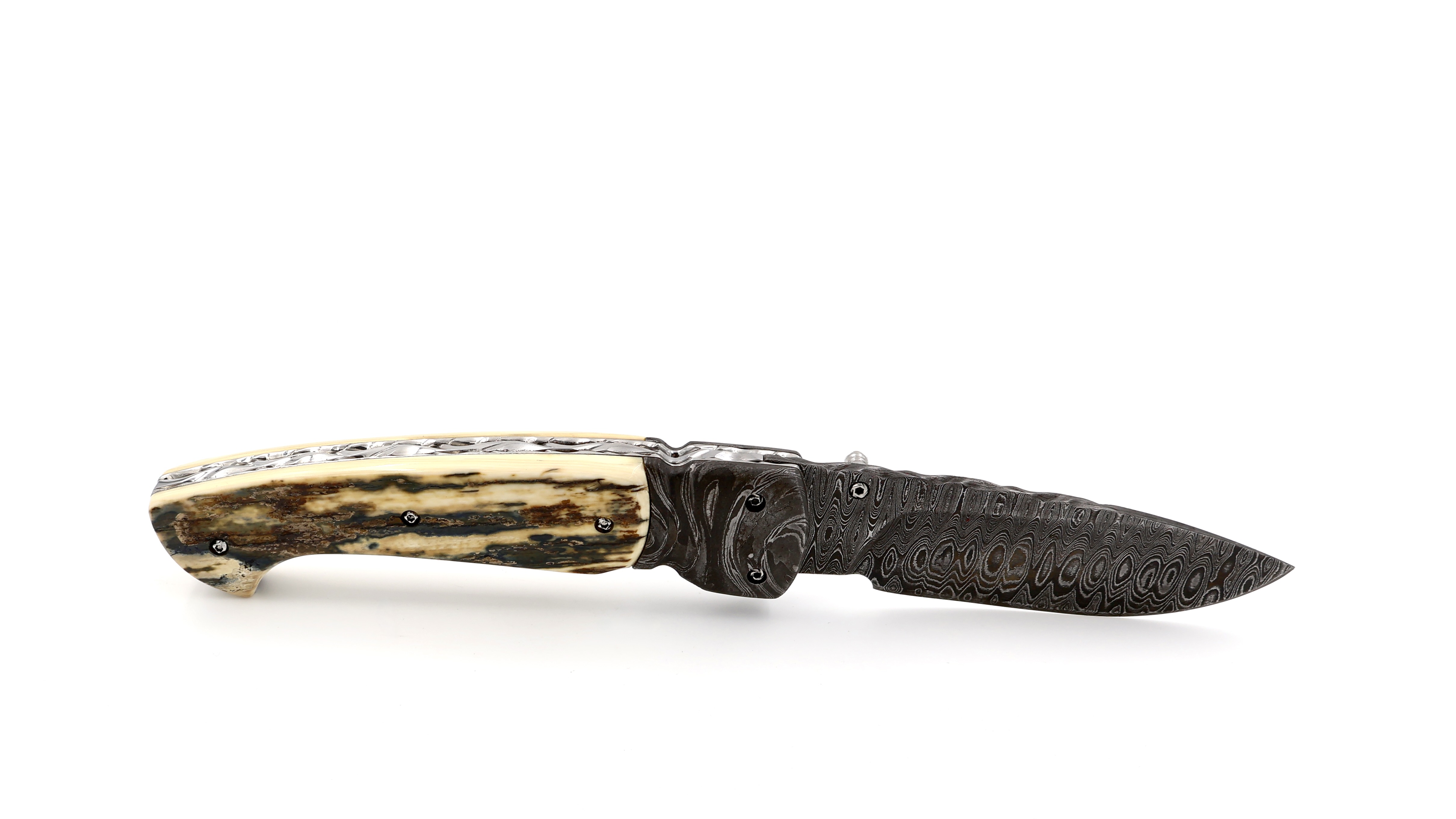 Oliver Moretti linerlock knife damascus mammoth ivory