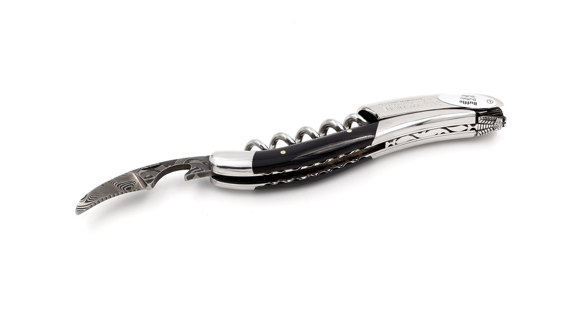 Laguiole en Aubrac Laguiole Sommelier knife buffalohorn with guillochage, special bee damascus