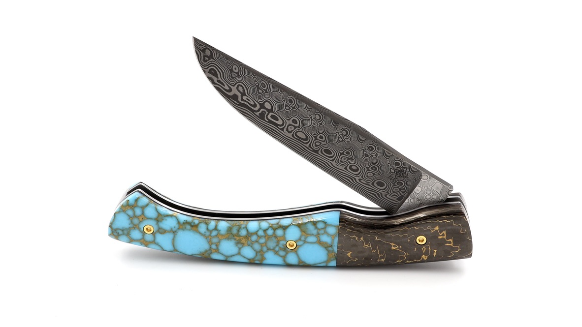 KLEOS Taschenmesser LYKOS Türkisstein und Karbonfiber Damastklinge  