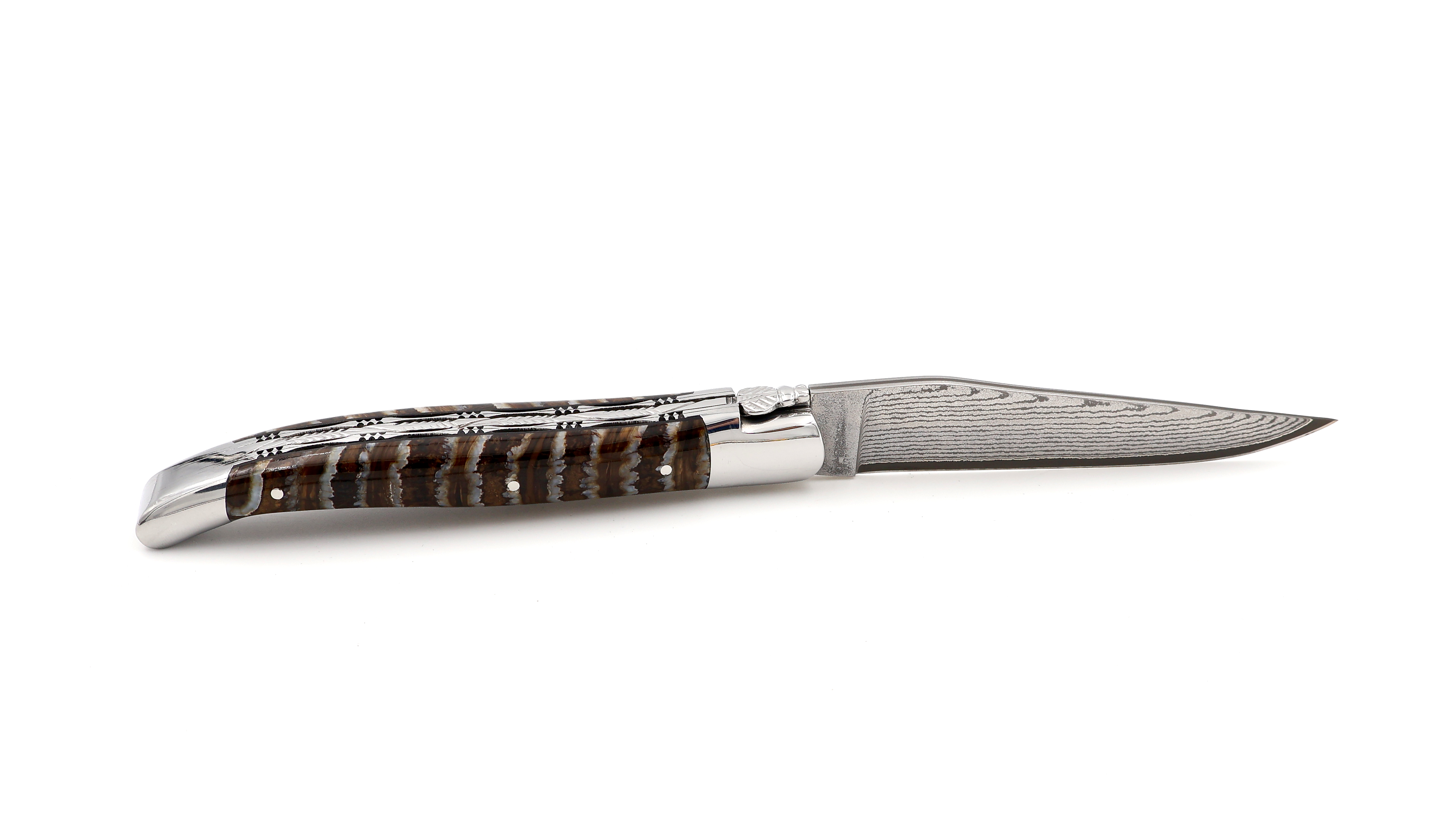 Laguiole en Aubrac jap. Damastklinge Mammutbackenzahn braun Doppelplatine 12 cm