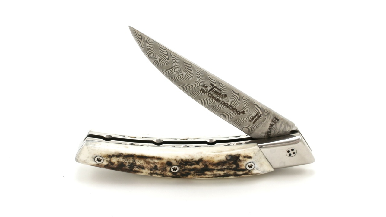RLT-Hirsch-DA-4 Claude DOZORME Thiers RLT stag horn damascus blade