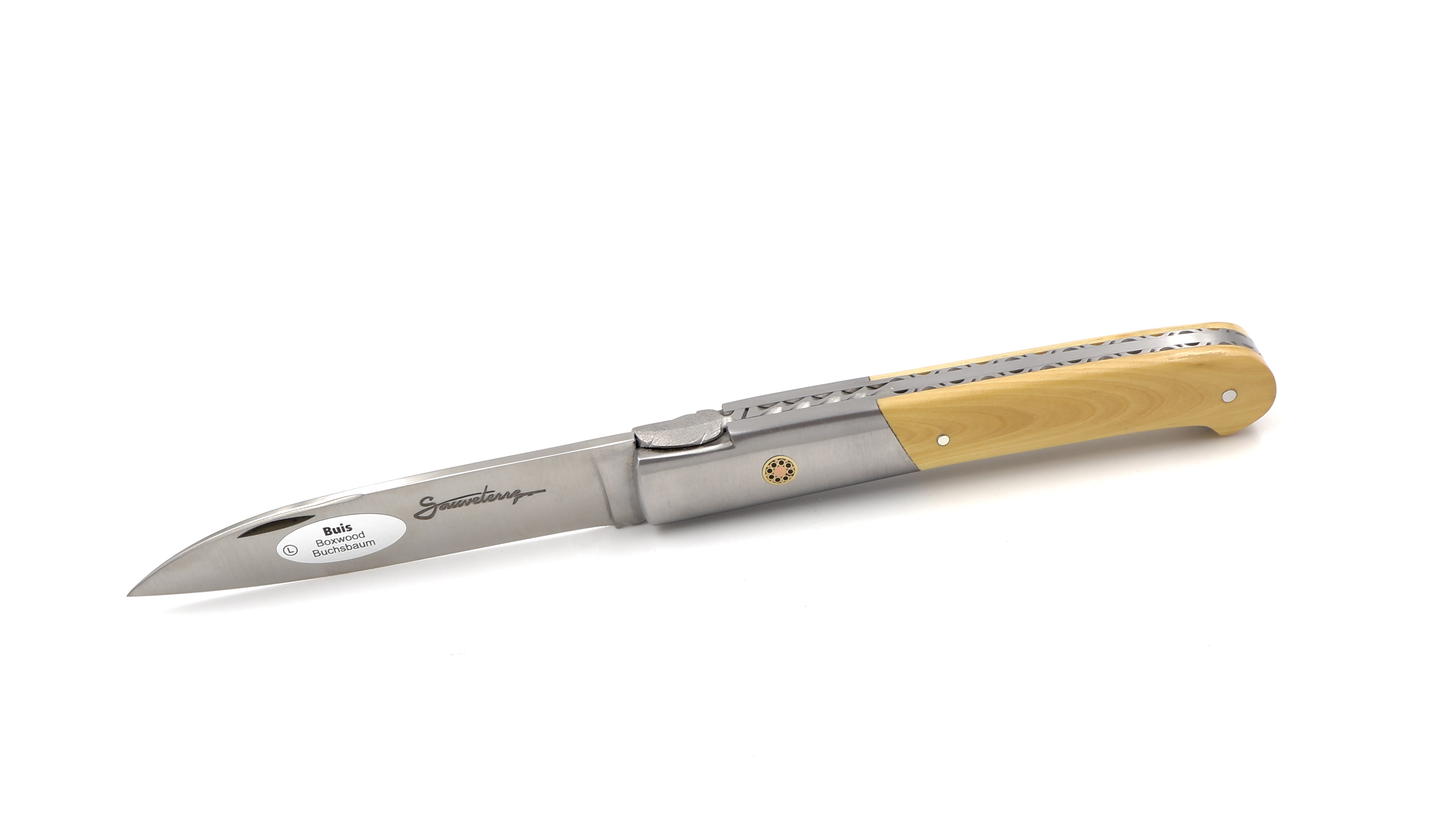 Sauveterre Messer Buchsbaum mit Edelstahlbacke guillochiert 11 cm   Sauveterre Messer Buchsbaum mit Edelstahlbacke guillochiert 11 cm