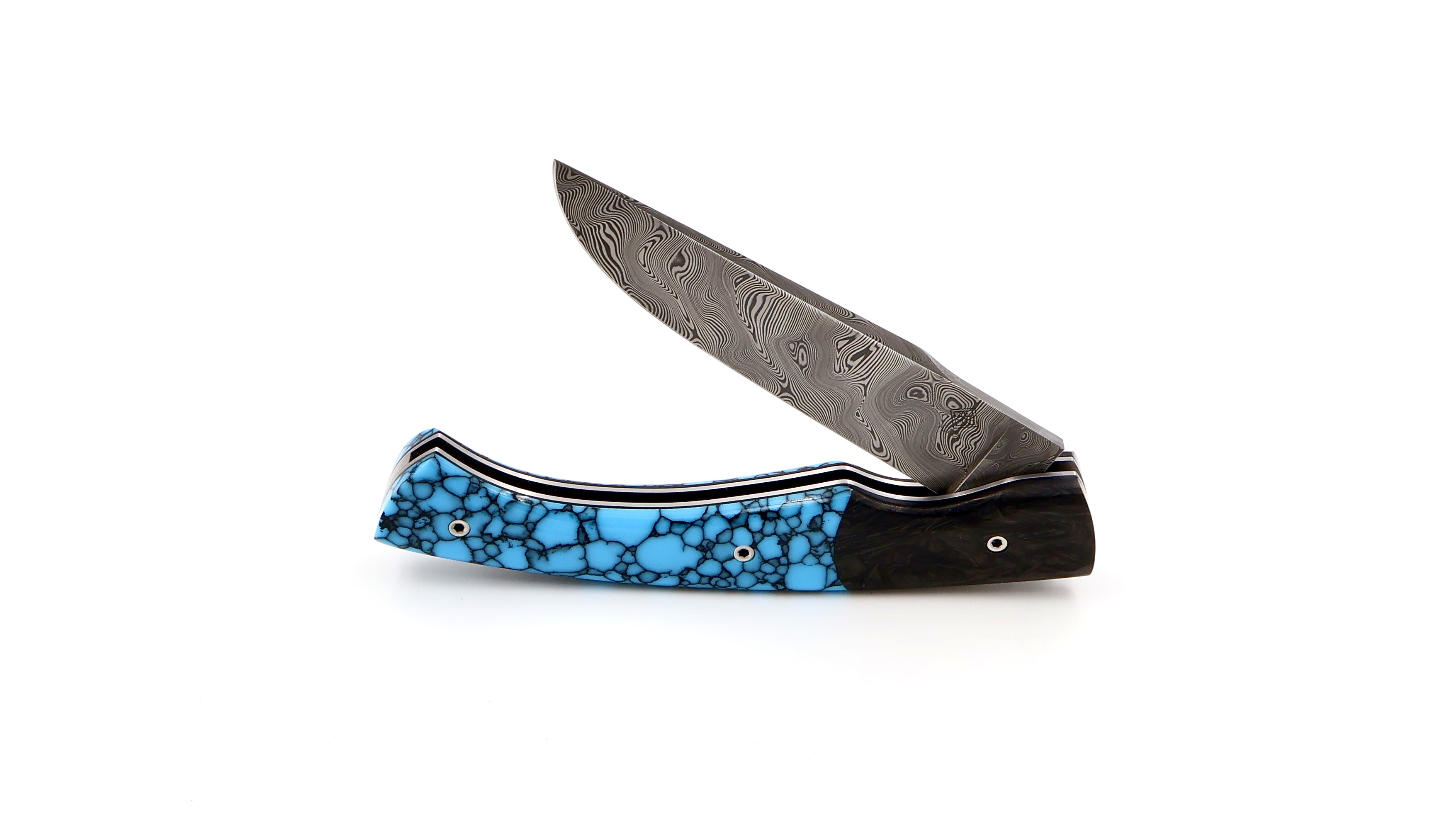 KLEOS folding knife LYKOS Türkis stone and carbonfiber damascus blade