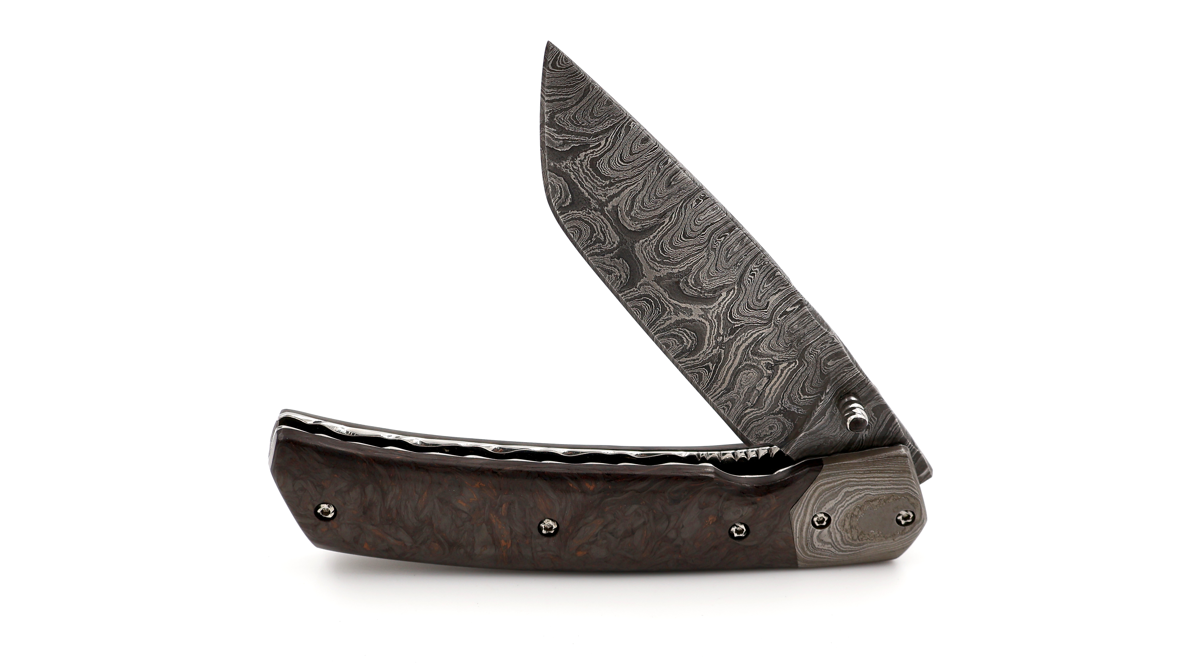 Olivier Moretti Linerlock Taschenmesser FAT Kupfer-Carbon Damastklinge