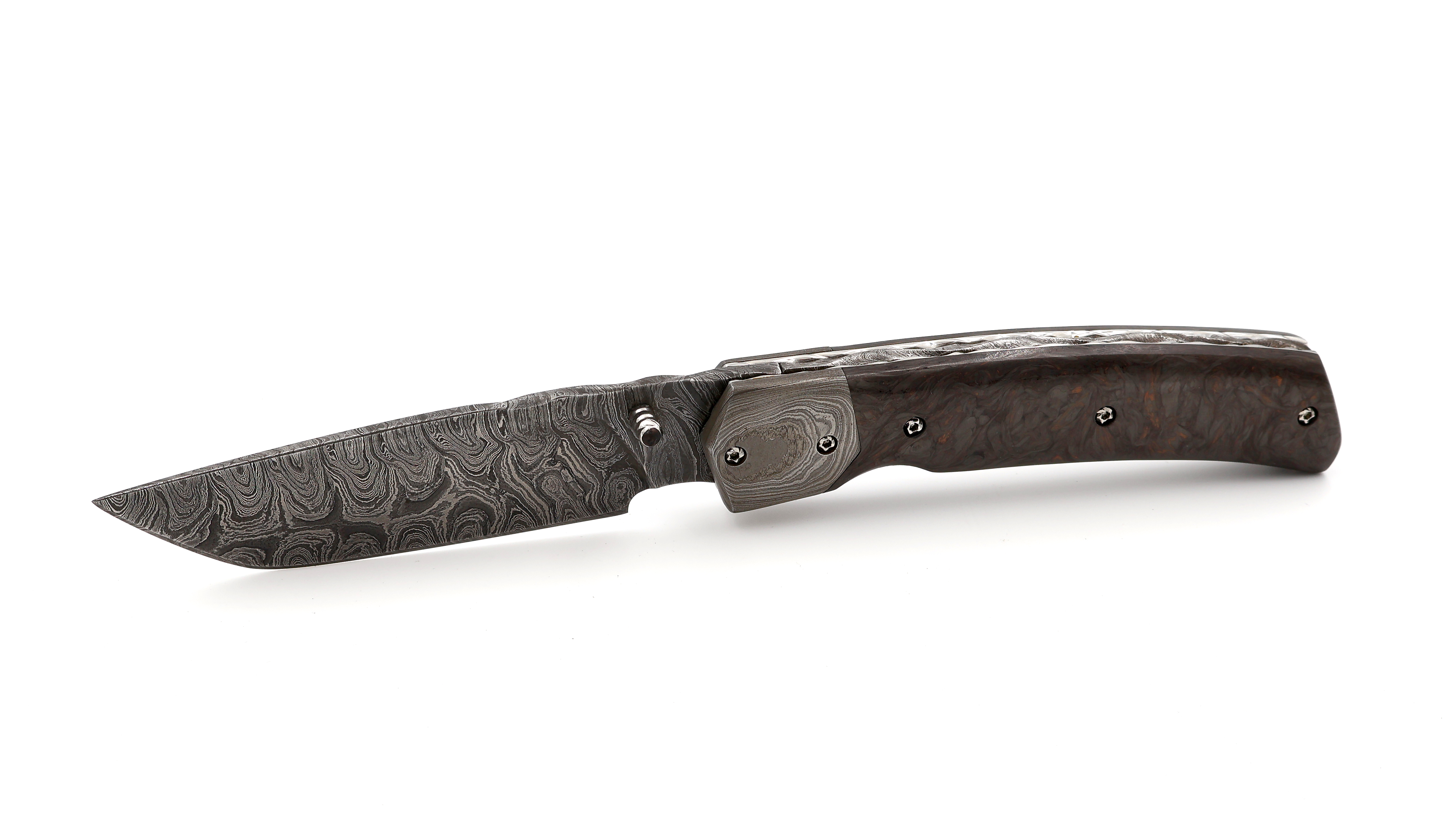 Olivier Moretti Linerlock Taschenmesser FAT Kupfer-Carbon Damastklinge