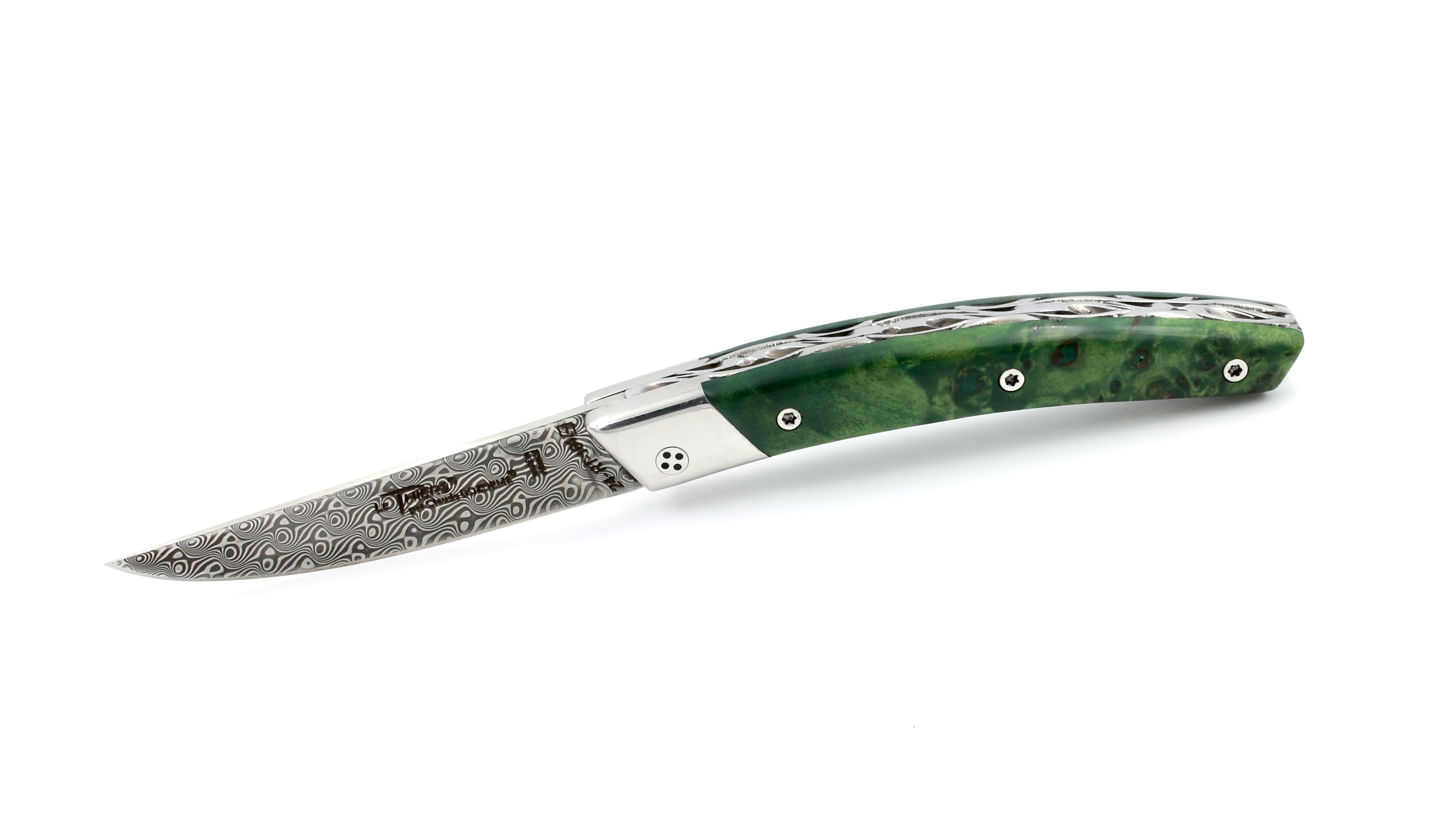 Claude DOZORME Thiers RLT poplar burl green damascus blade Claude DOZORME Thiers RLT poplar burl green damascus blade