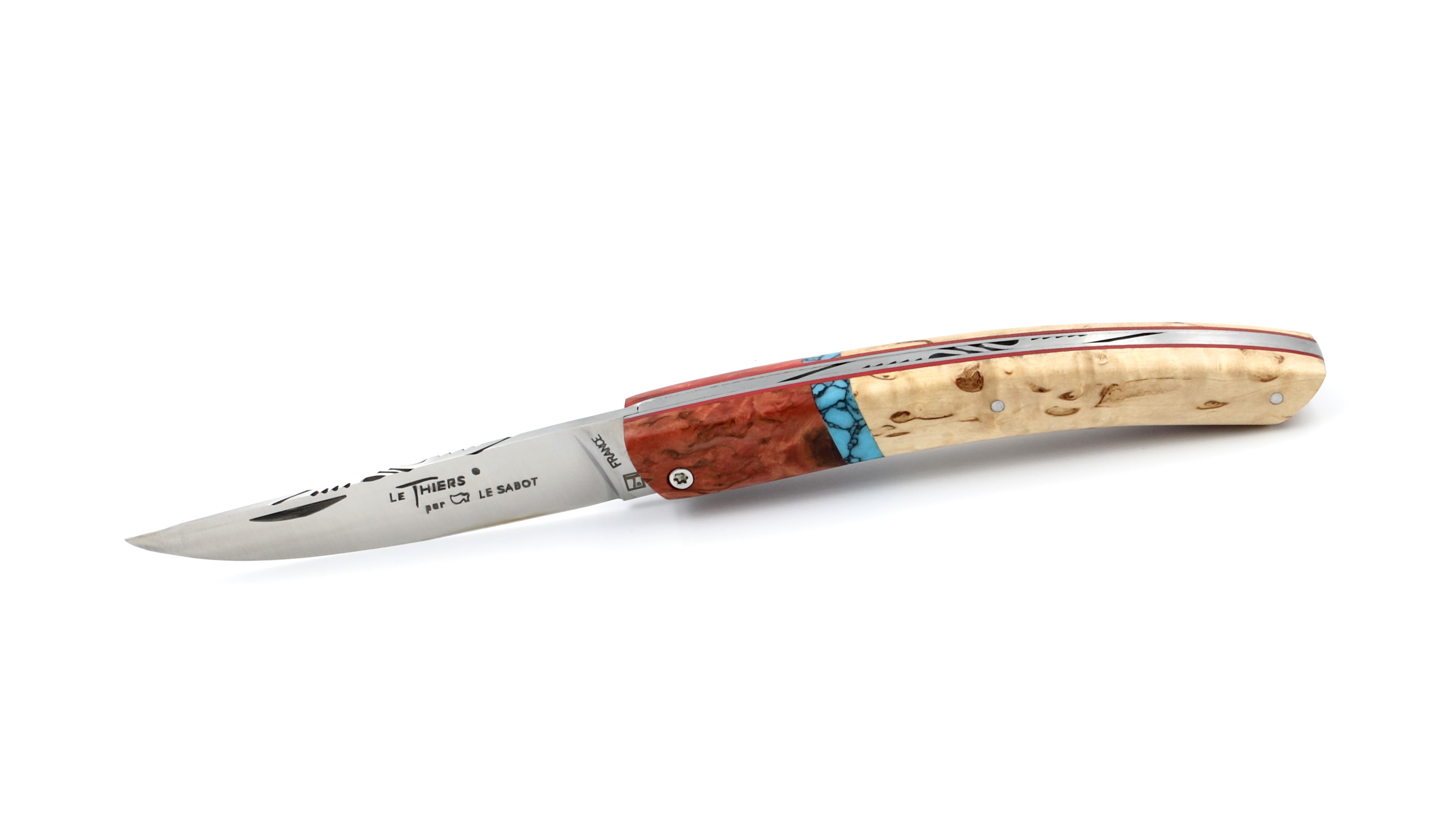 AU SABOT Le Thiers Messer 12 cm finnische Maserbirke Inlay Türkis  AU SABOT Le Thiers Messer 12 cm finnische Maserbirke Inlay Türkis