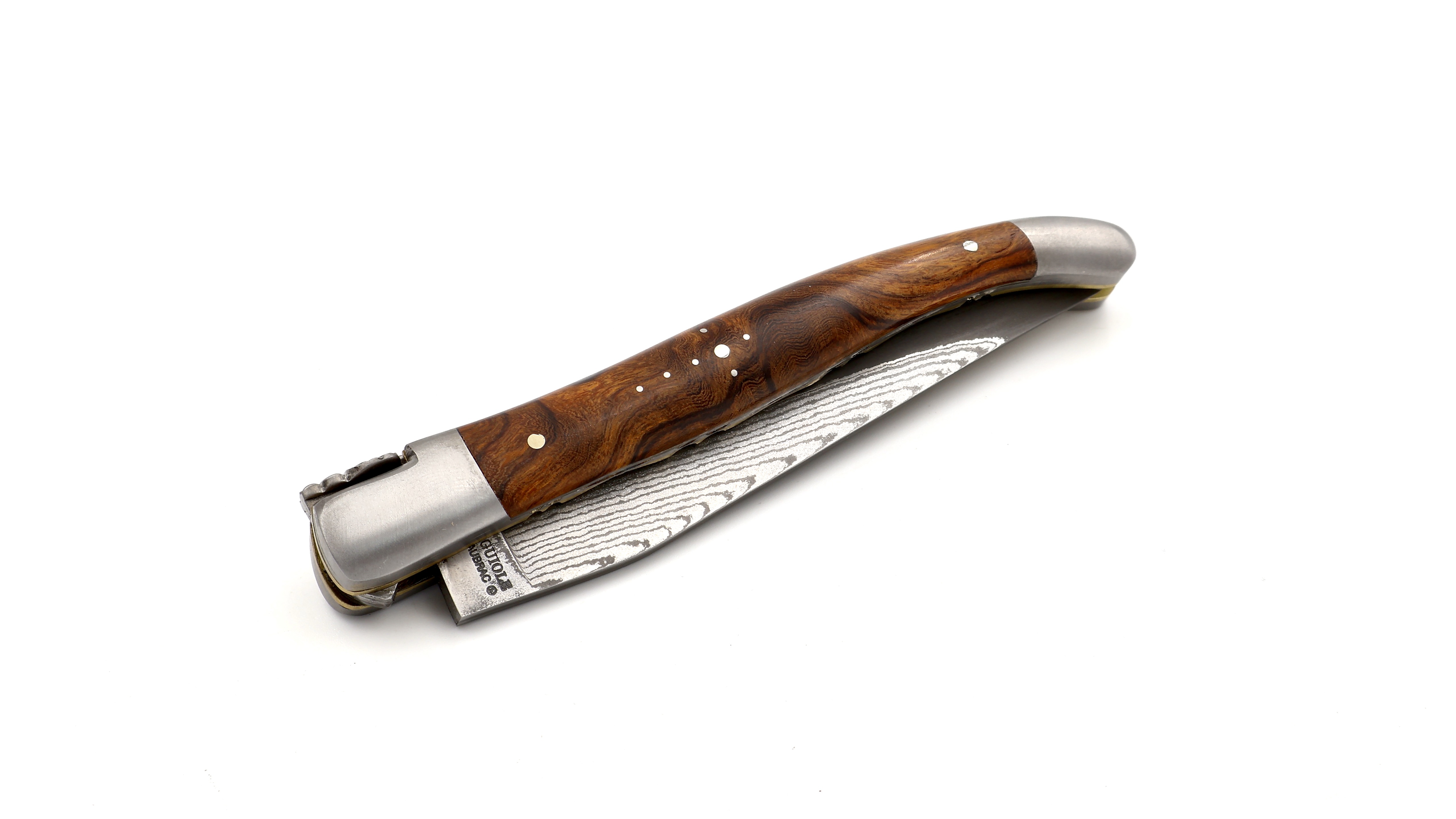 Laguiole en Aubrac jap. Damastklinge Wüsteneisenholz Wurzel Messing Doppelplatine 12 cm 