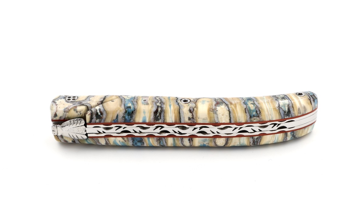 Claude DOZORME Laguiole Messer L'ATELIER Mammut-Backenzahn hellblau 12 cm Damastklinge   