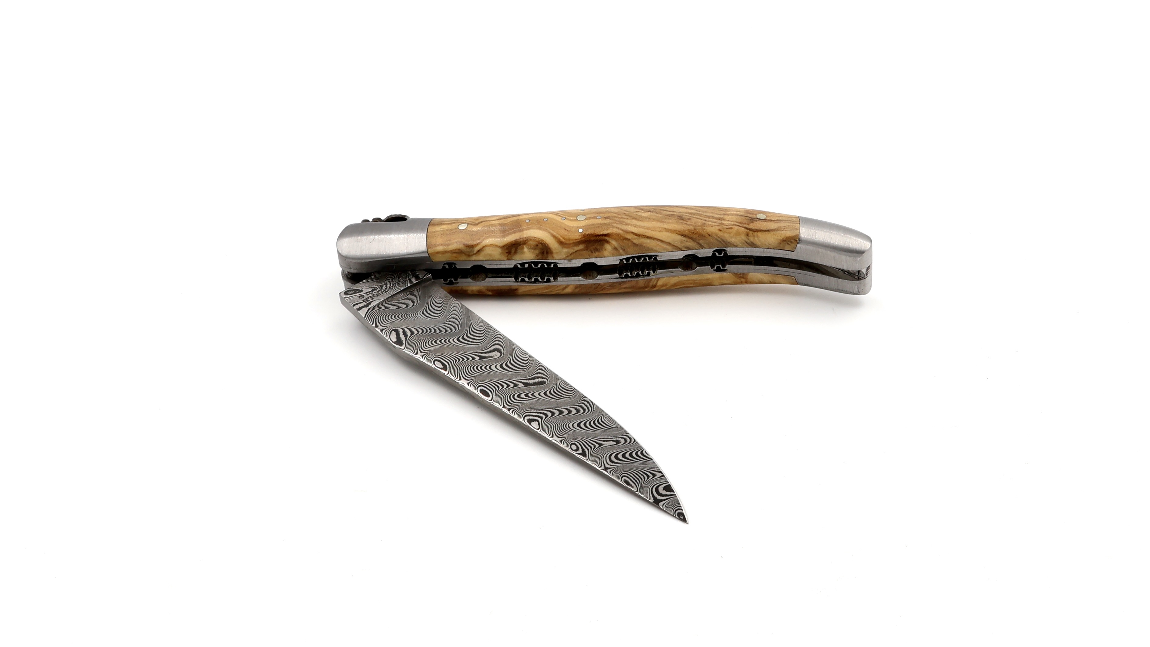 Laguiole en Aubrac damascus olive wood with double plates 12 cm mat