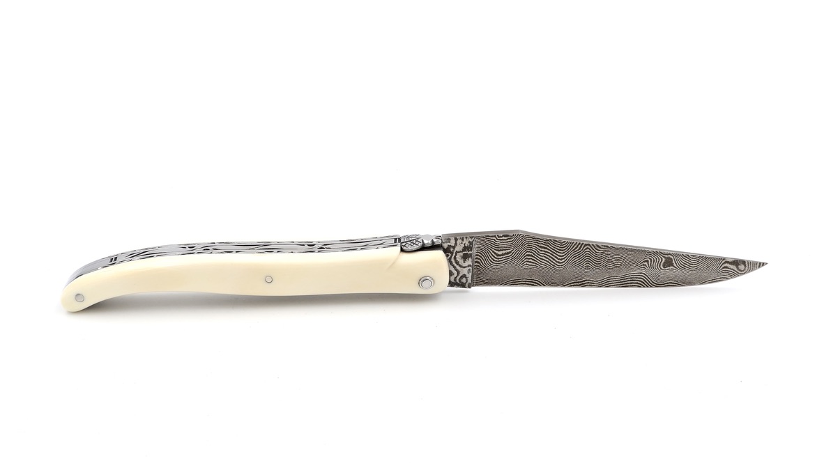 Laguiole en Aubrac double plates knife DSC® carbon damascus warthog-ivory full handle 12 cm