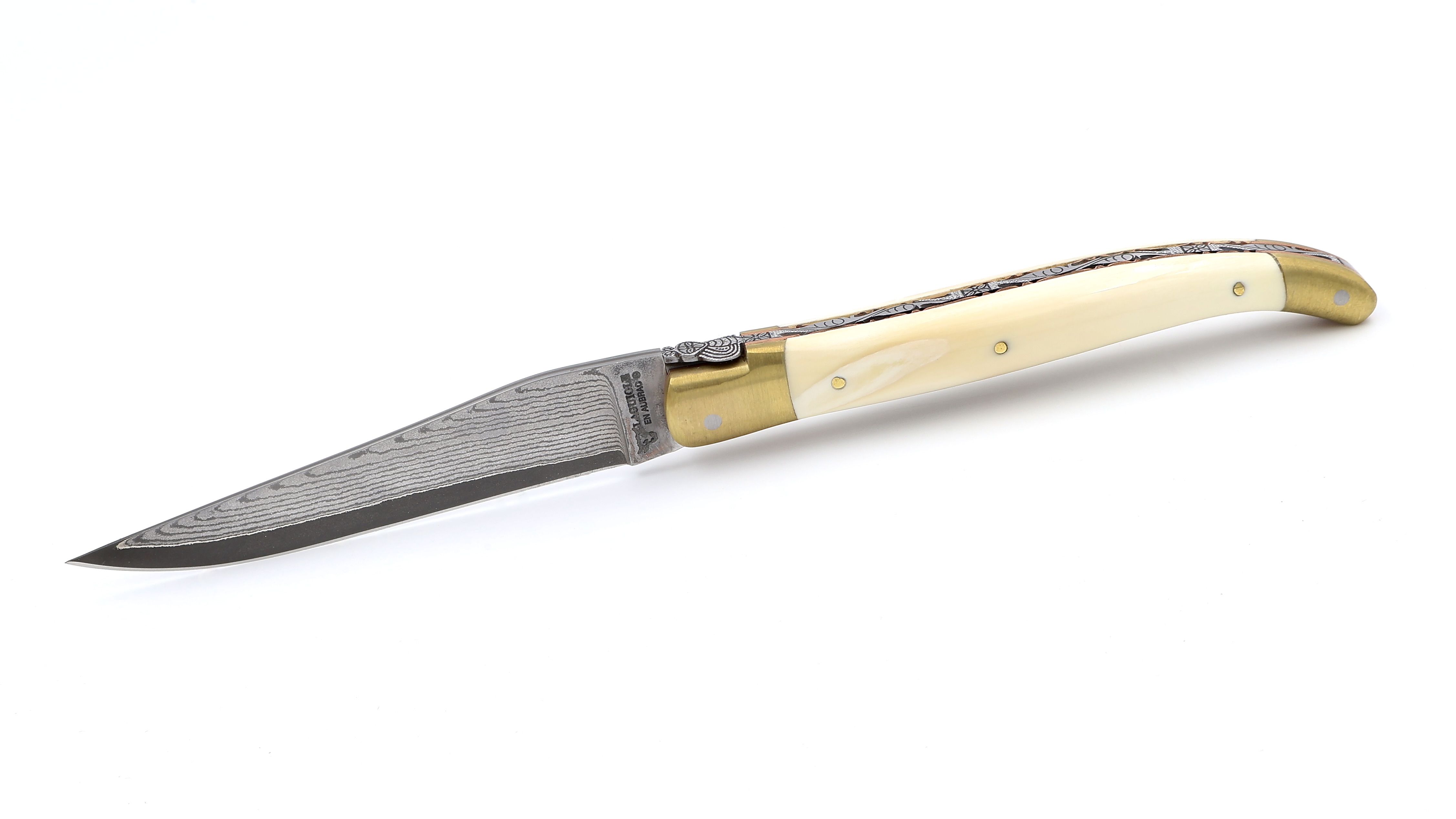 Laguiole en Aubrac jap. Damastklinge BIJOU Wüstenwarzenschwein Elfenbein guillochierte Platine 12 cm