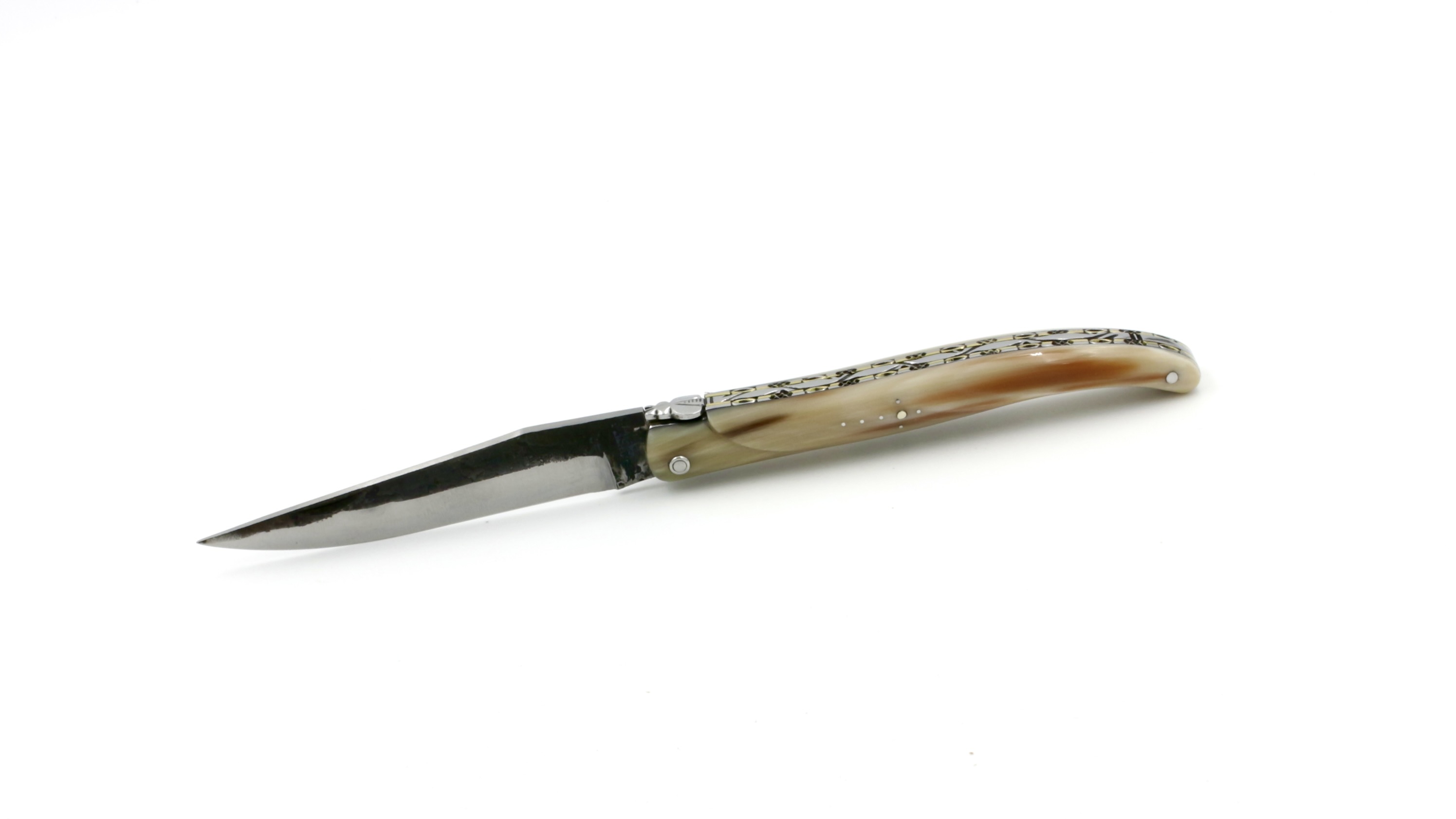Laguiole en Aubrac Brut de Forge  Hornspitze massiv Messingplatine Doppelplatine 12 cm