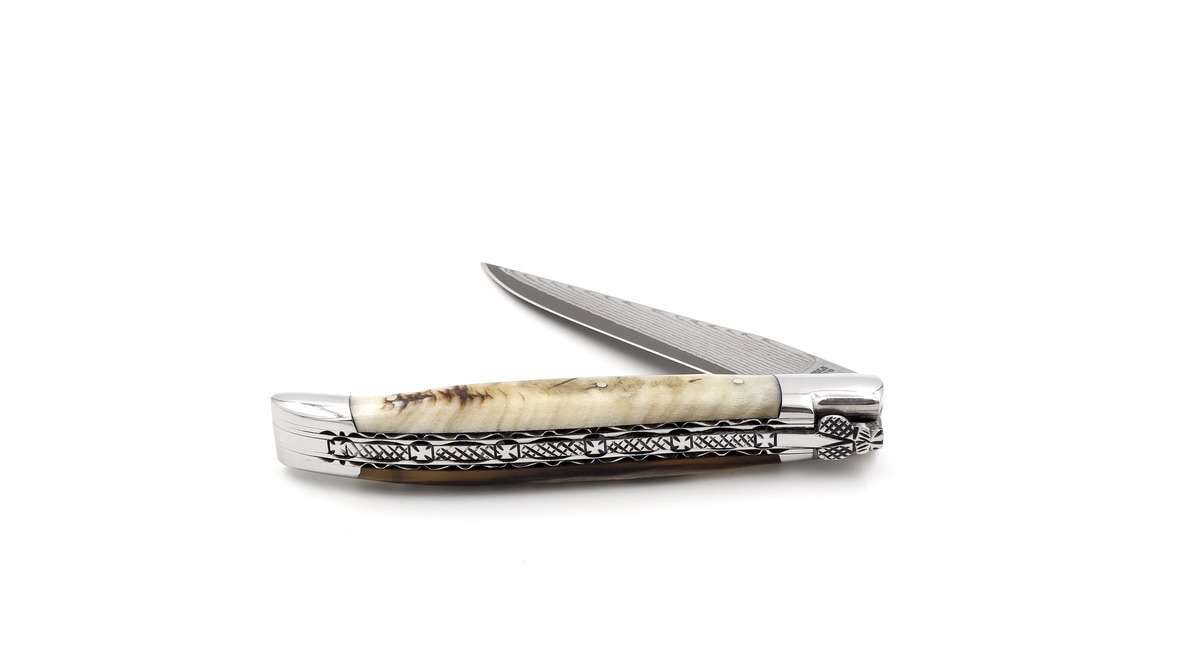 Laguiole en Aubrac jap. Damastklinge Widderhorn Doppelplatine 12 cm 