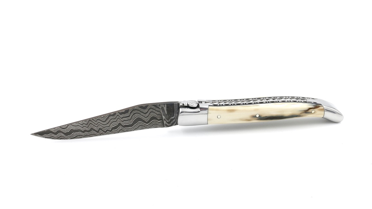 Laguiole en Aubrac Linien Damast Mammutelfenbein Kruste Doppelplatine mit Spiralfeder 12 cm 