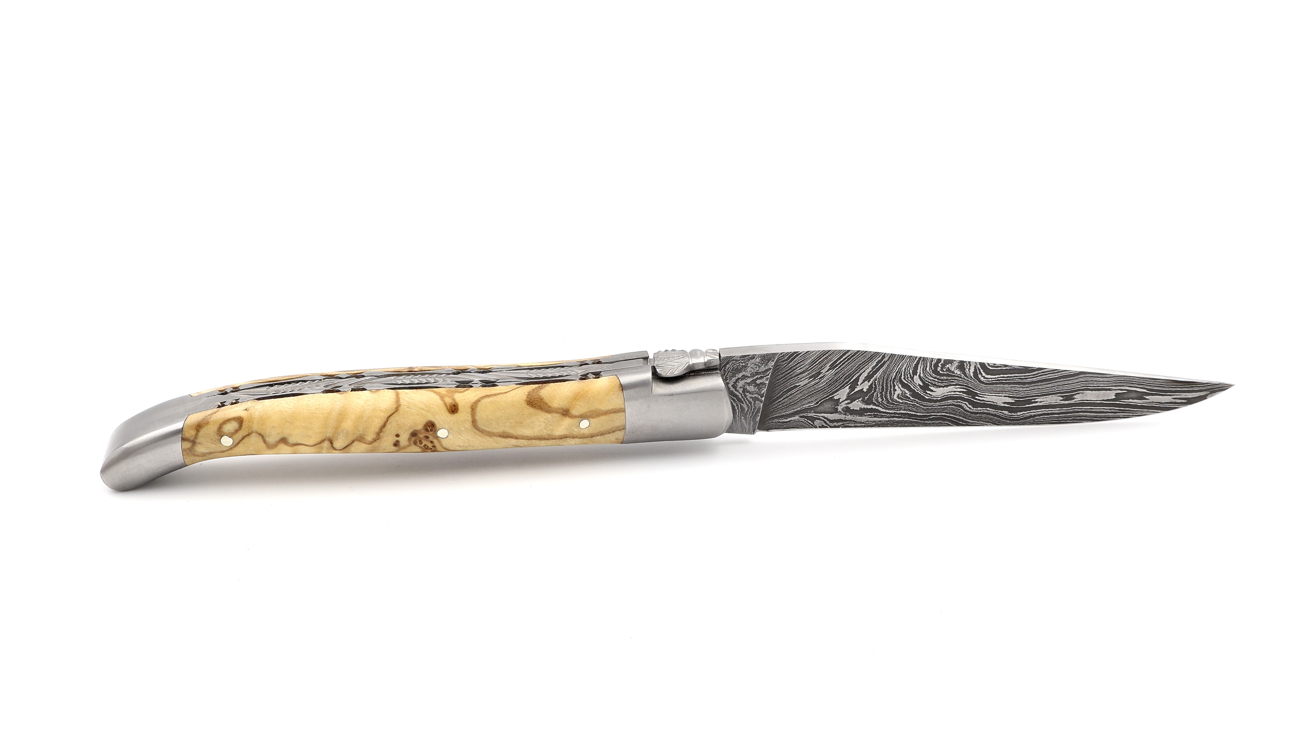 Laguiole en Aubrac double plate knife explosiondamascus olive wood 12 cm