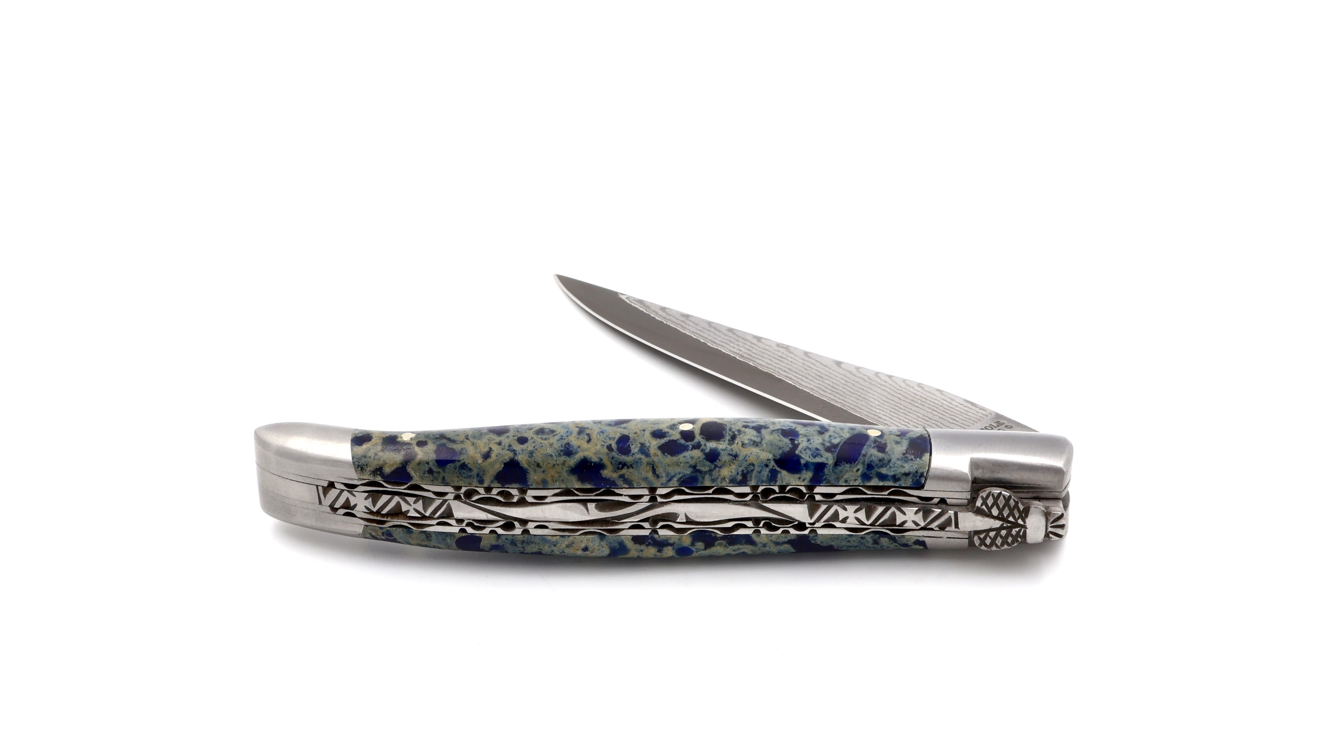 Laguiole en Aubrac jap. Damast  blauer Lavastein Doppelplatine 12 cm  Laguiole en Aubrac jap. Damast  blauer Lavastein Doppelplatine 12 cm