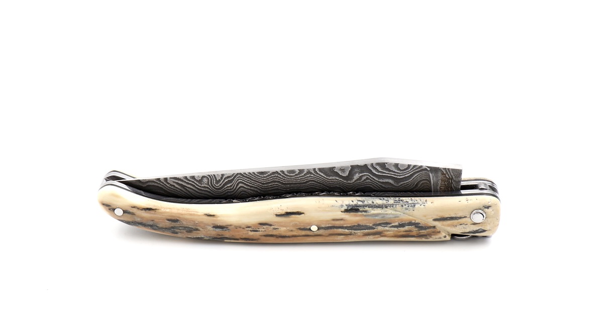 Laguiole en Aubrac double plates knife damascus blade,  full handle Mammoth ivory crust 12 cm