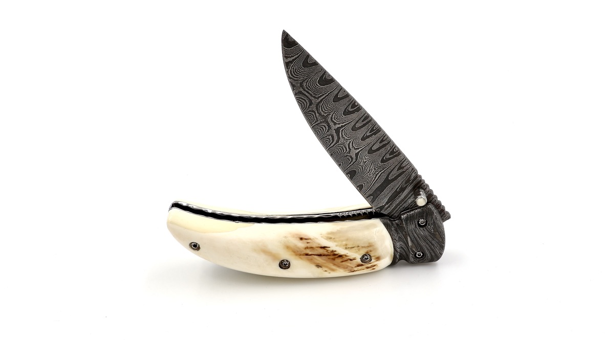 Olivier Moretti Linerlock Taschenmesser Wüstenwarzenschwein-Elfenbein Damastklinge 