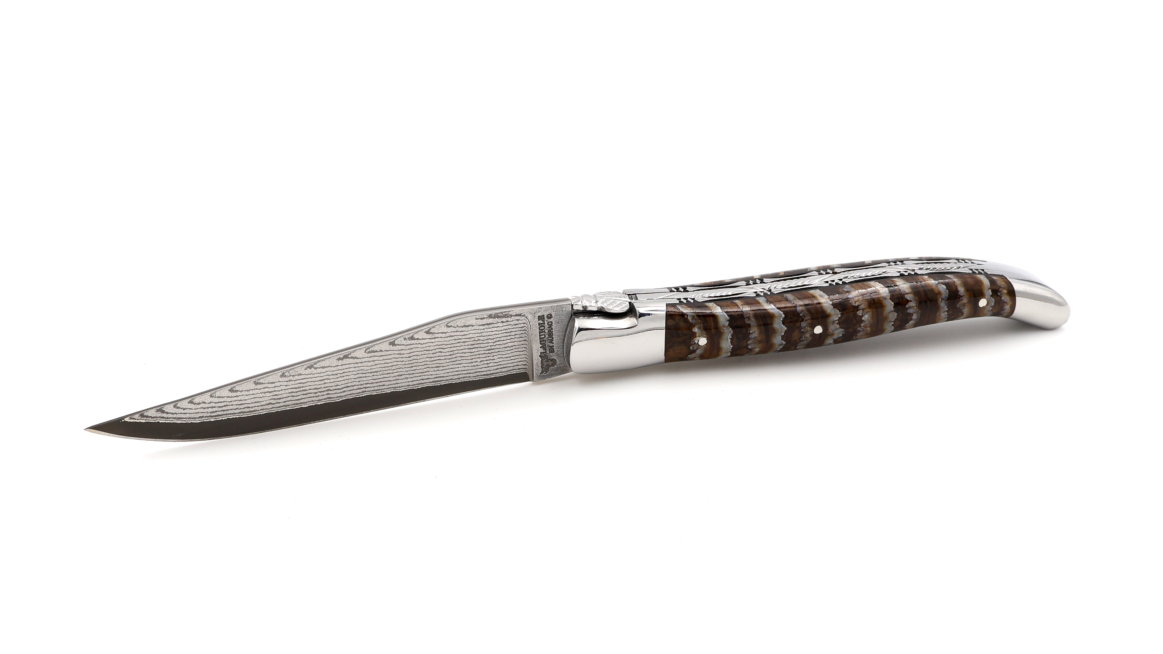Laguiole en Aubrac jap. Damastklinge Mammutbackenzahn braun Doppelplatine 12 cm