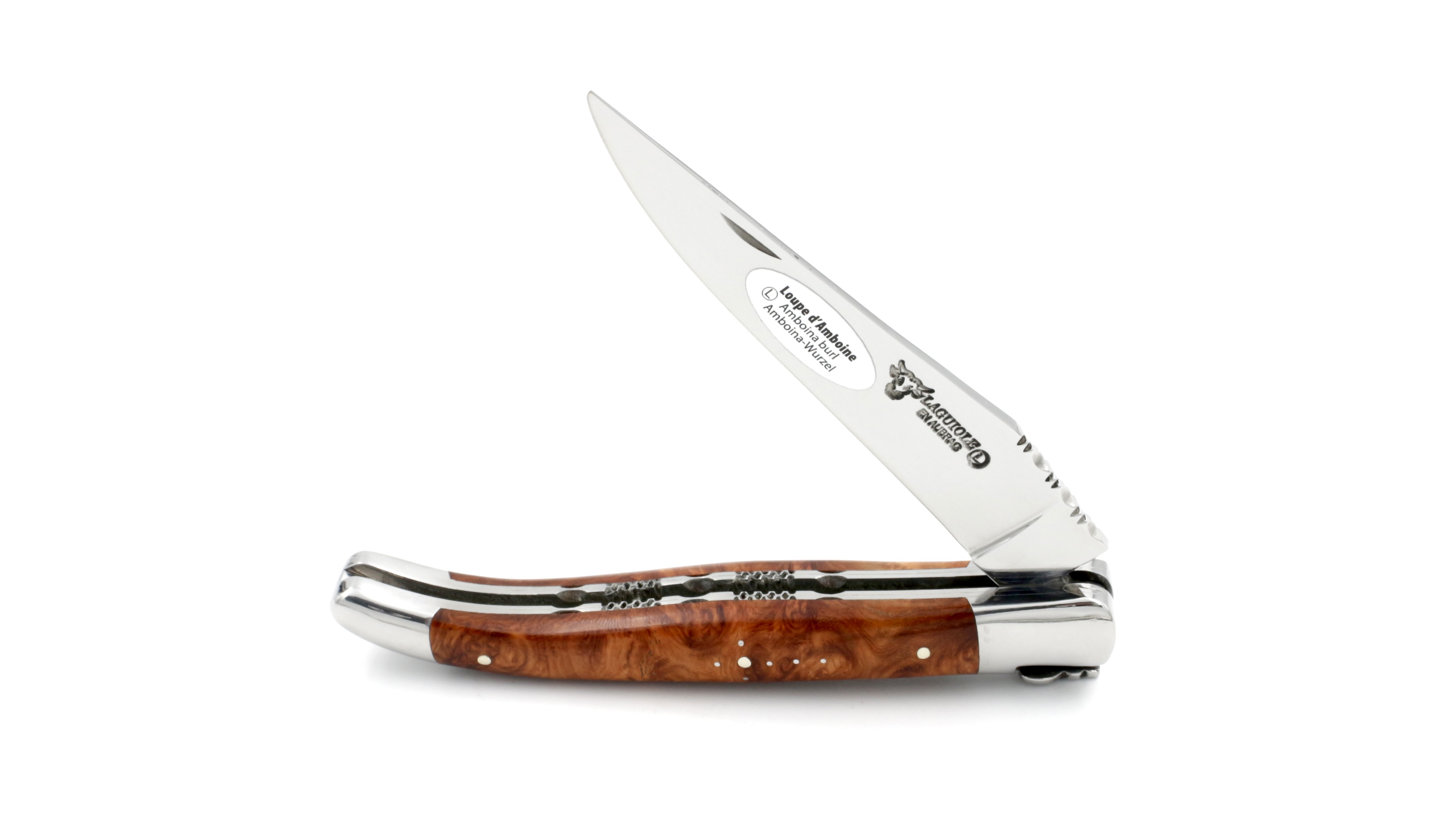 Laguiole en Aubrac Amboina Wurzelholz poliert Doppelplatine 12 cm