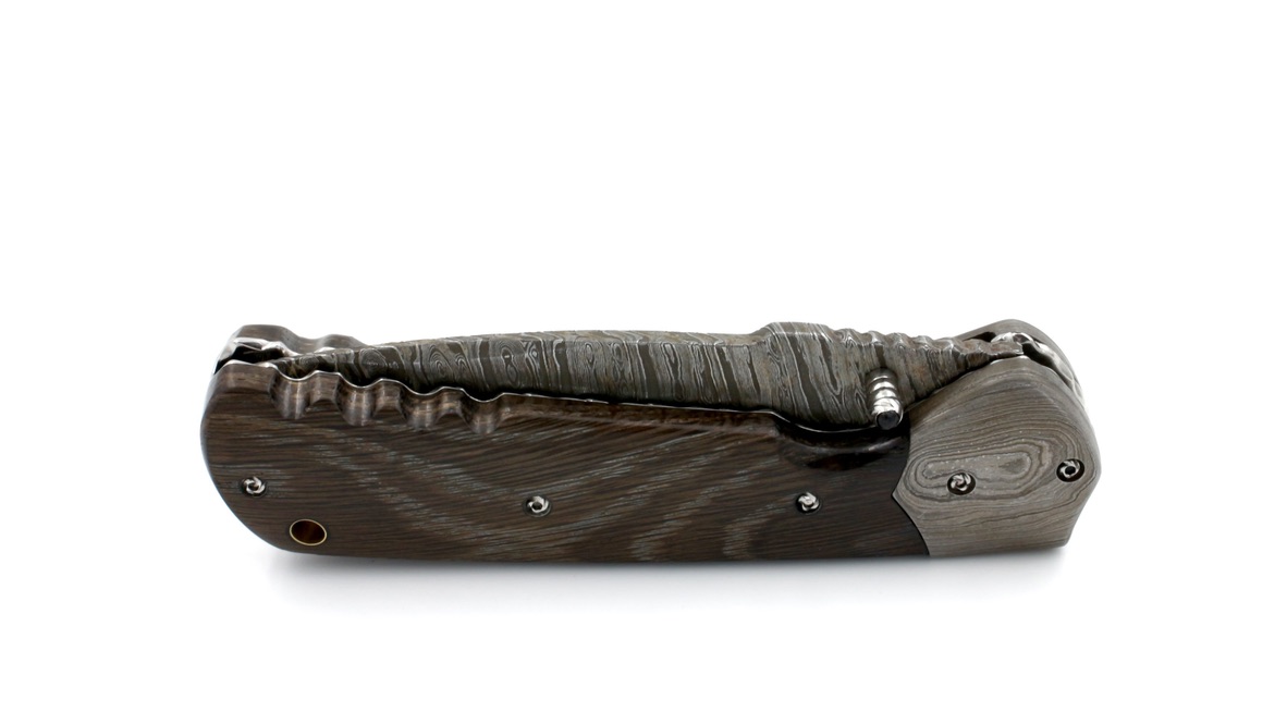 Olivier Moretti  Linerlock Taschenmesser Mooreiche Damastklinge  Olivier Moretti  Linerlock Taschenmesser Mooreiche Damastklinge