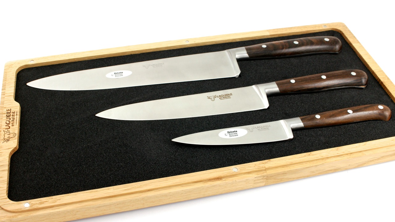 Laguiole en Aubrac Ziricote Set of 3 kitchen knives 10 cm 15 cm 20 cm