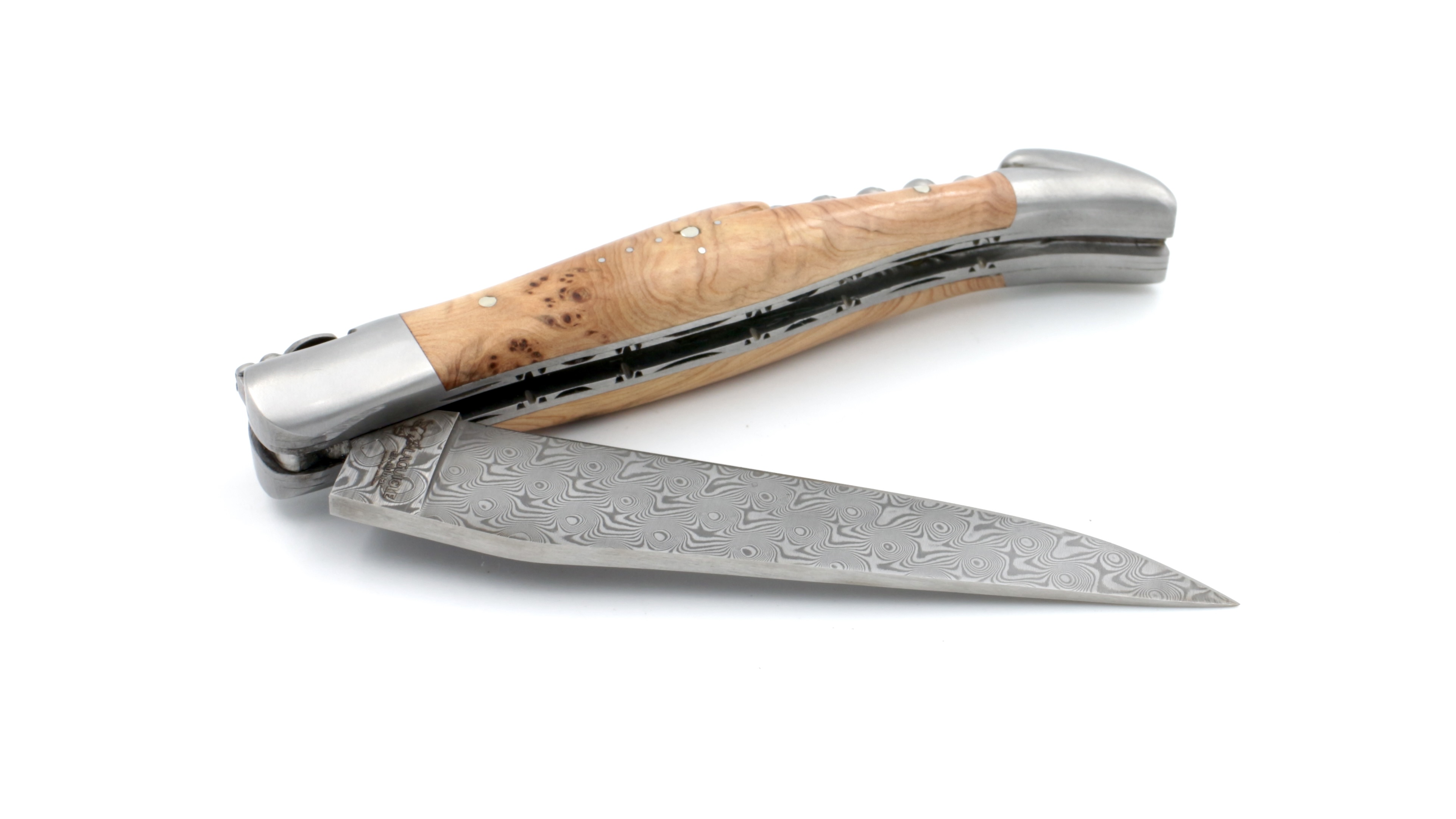 Laguiole en Aubrac damascus juniper with double plates, corkscrew 12 cm matt