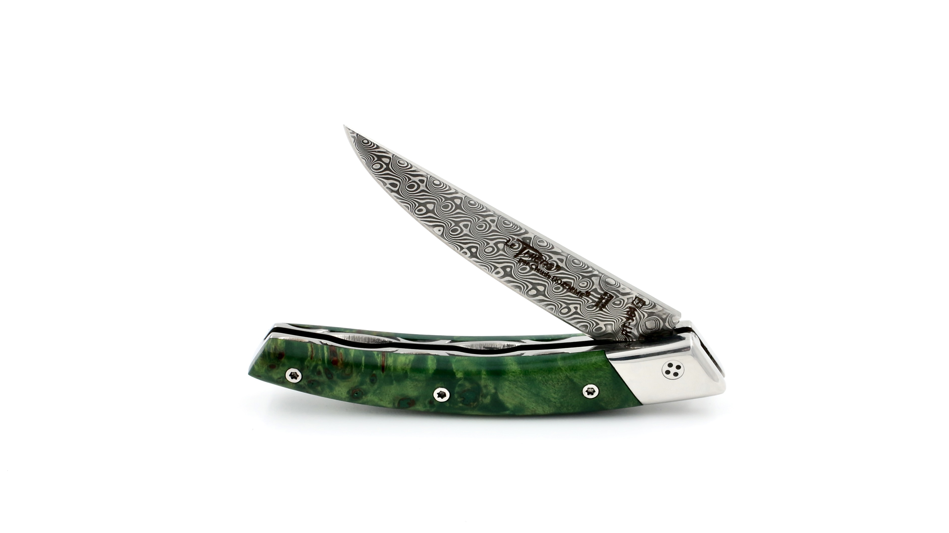 Claude DOZORME Thiers RLT poplar burl green damascus blade Claude DOZORME Thiers RLT poplar burl green damascus blade