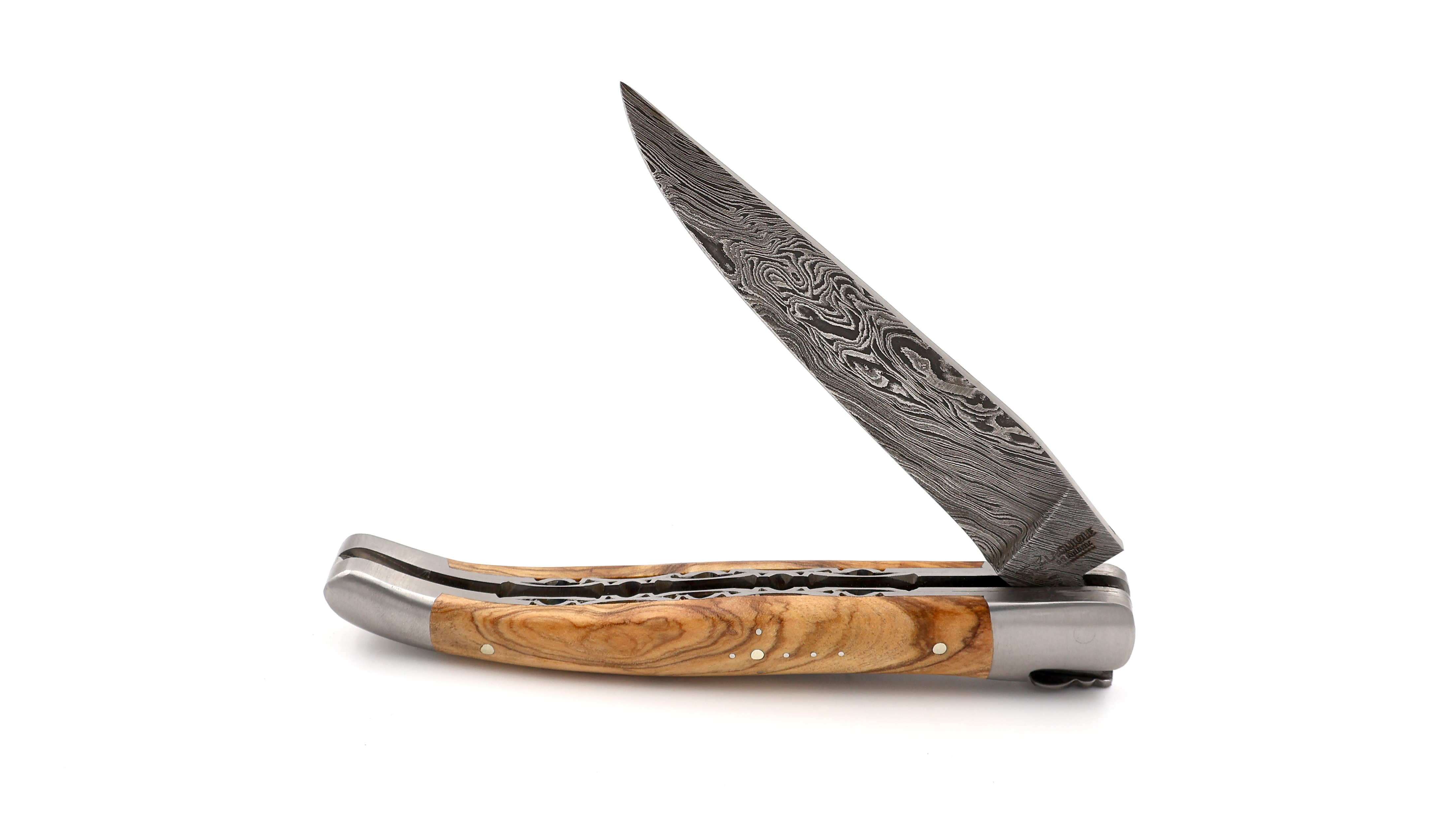 Laguiole en Aubrac double plate knife explosiondamascus olive wood 12 cm