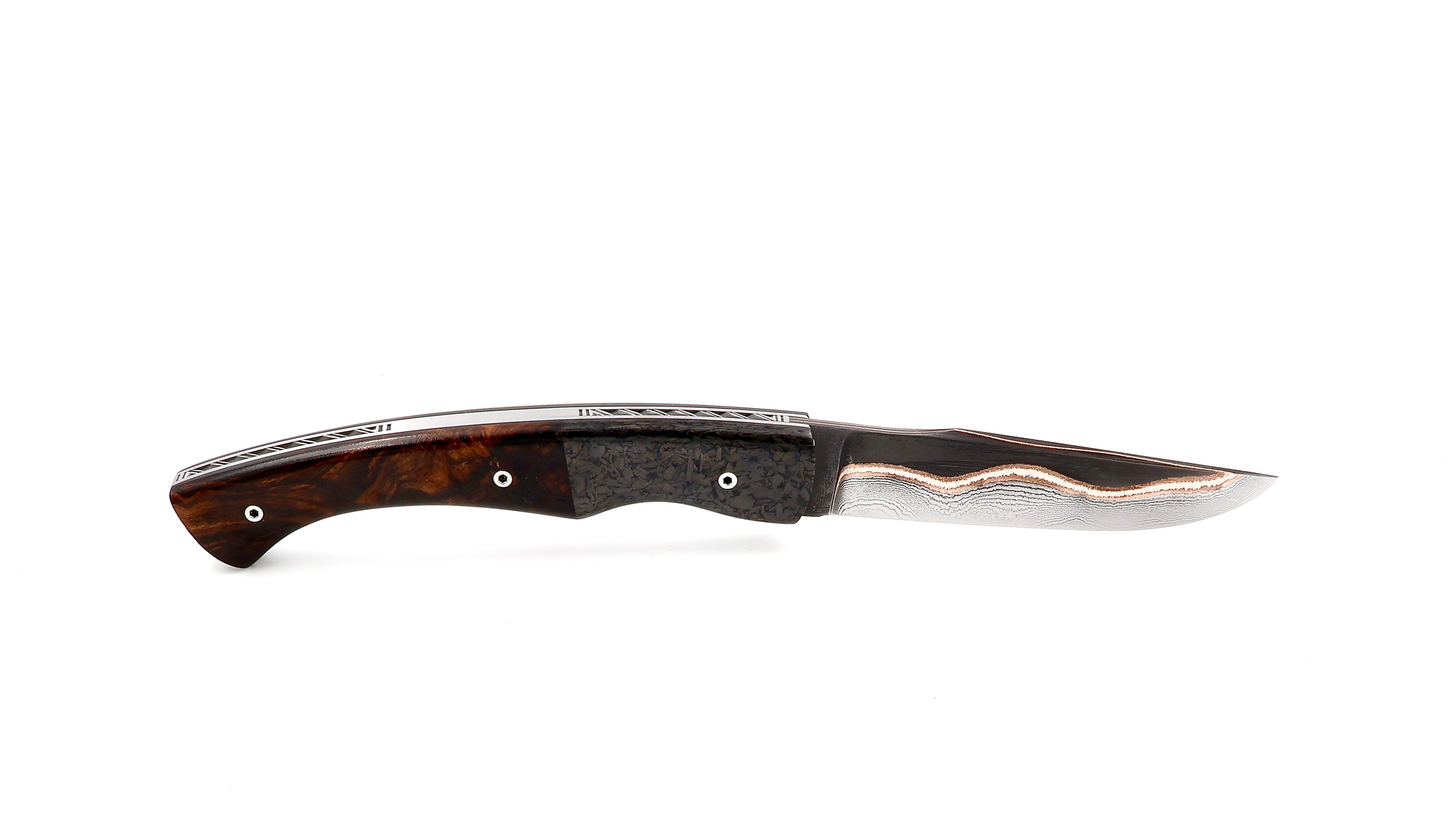 KLEOS Taschenmesser LYKOS Karbon/Wüsteneisen Wurzelholz Baker Forge Volcanic River Damastklinge 