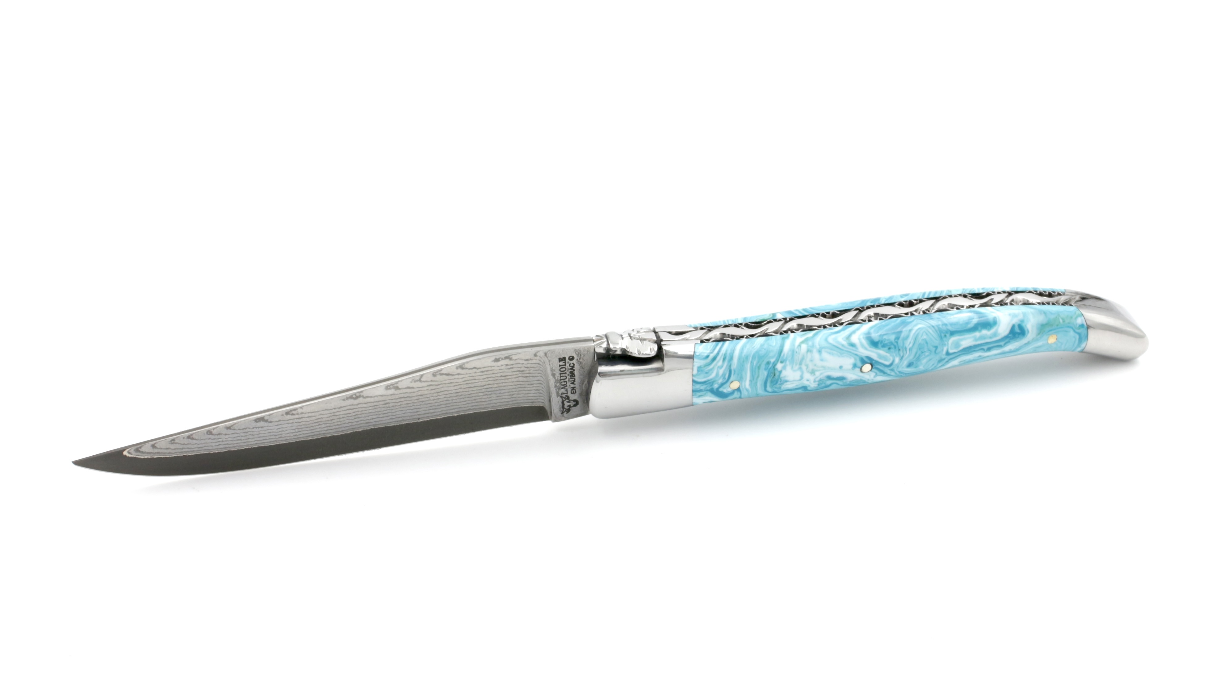 CA4A8287-9B54-4F57-9AD0-622FA33AF7FD_1_201_a Laguiole en Aubrac jap. Damastklinge Larimar guillochierte Platine 12 cm