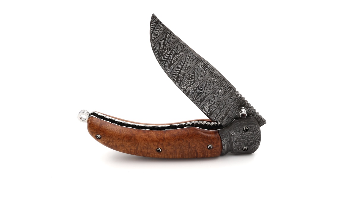 Olivier Moretti Linerlock Taschenmesser Bruyére-Wurzelholz Damastklinge 