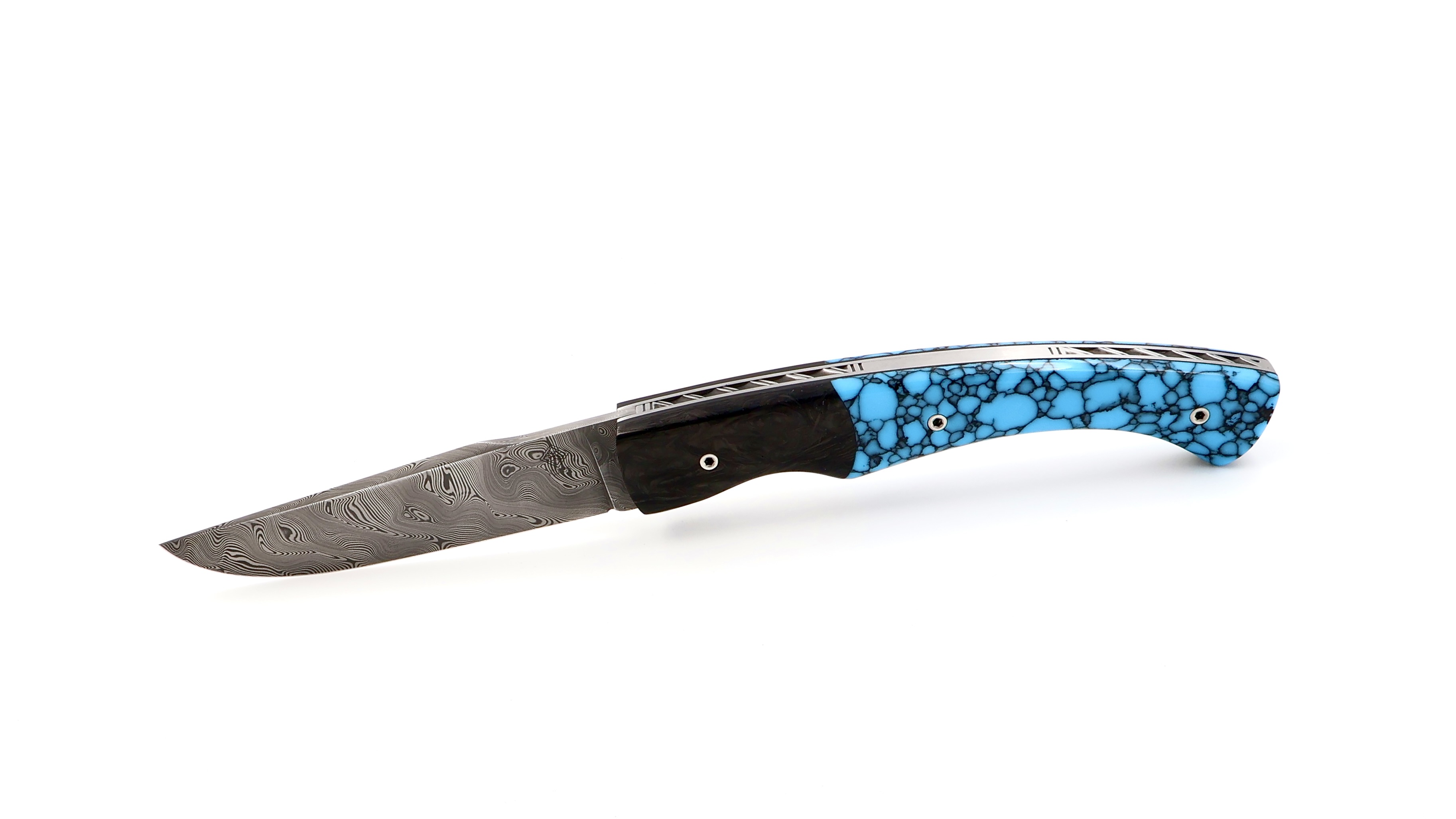 KLEOS folding knife LYKOS Türkis stone and carbonfiber damascus blade