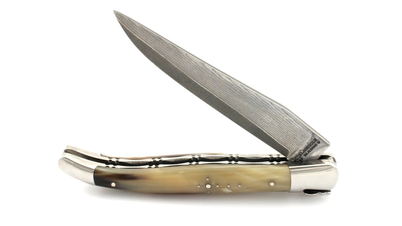 Laguiole-Jap-Damast-Hornspitze-DP-4 Laguiole en Aubrac jap. Damastklinge Hornspitze Doppelplatine 12 cm