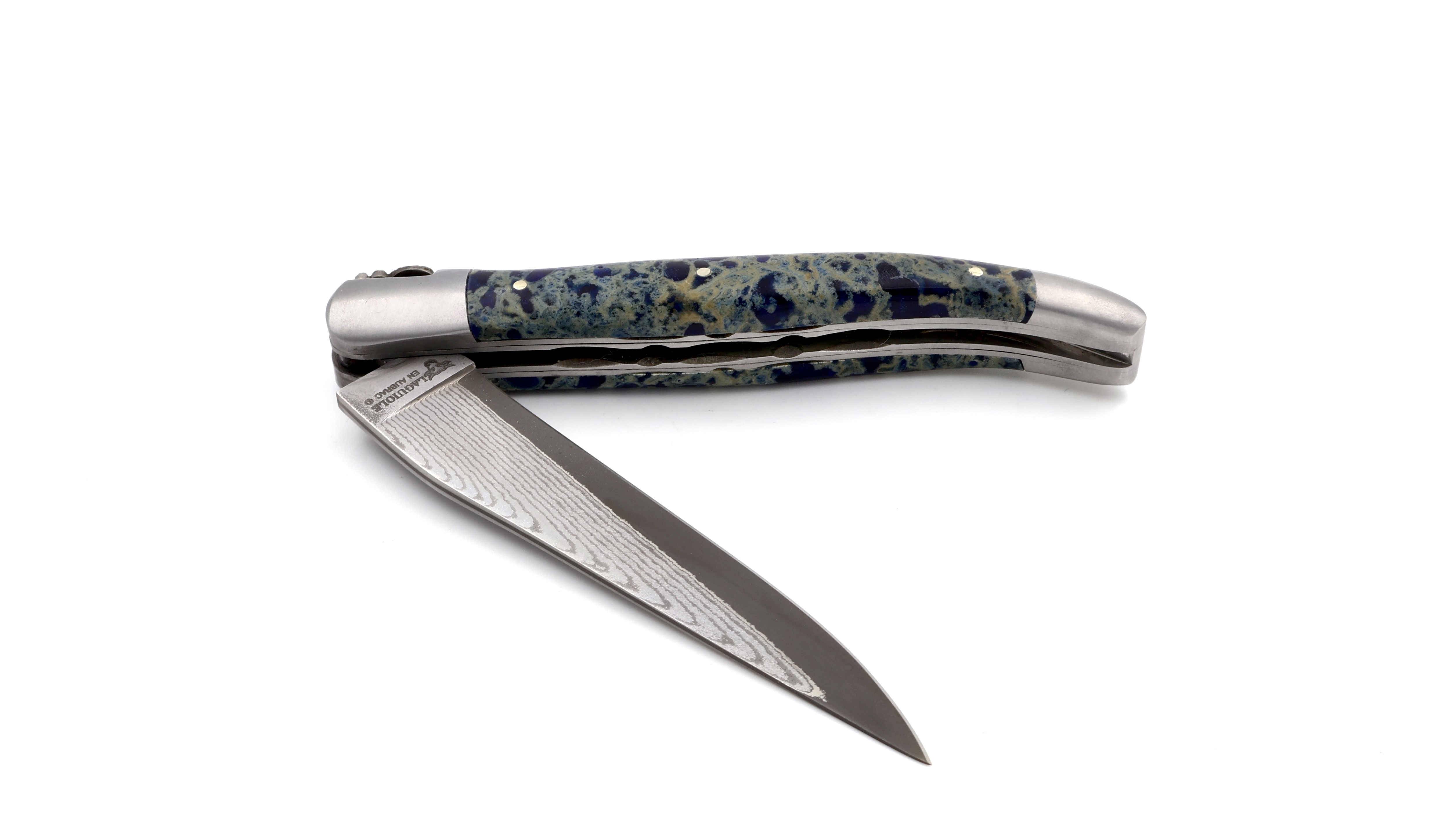 Laguiole en Aubrac jap. Damast  blauer Lavastein Doppelplatine 12 cm  Laguiole en Aubrac jap. Damast  blauer Lavastein Doppelplatine 12 cm