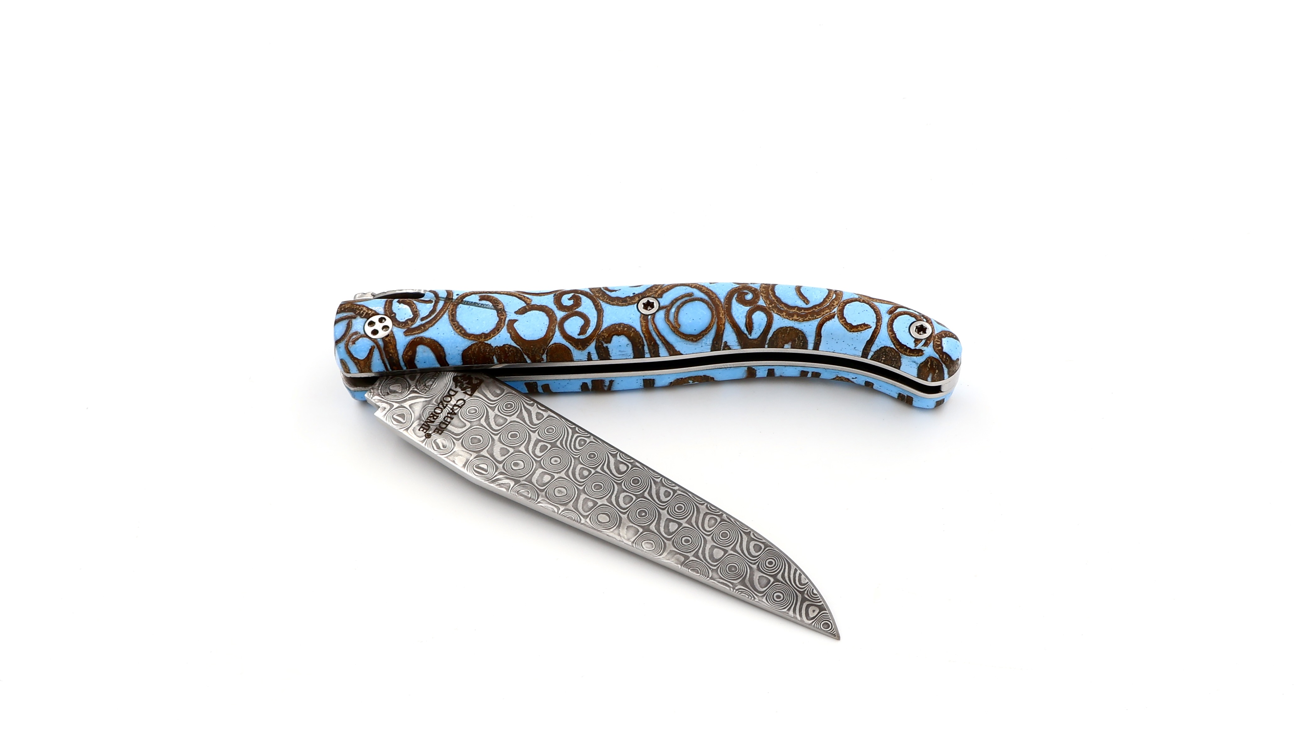 Claude DOZORME Laguiole Canella lightblue 12 cm damascus Claude DOZORME Laguiole Canella lightblue 12 cm damascus